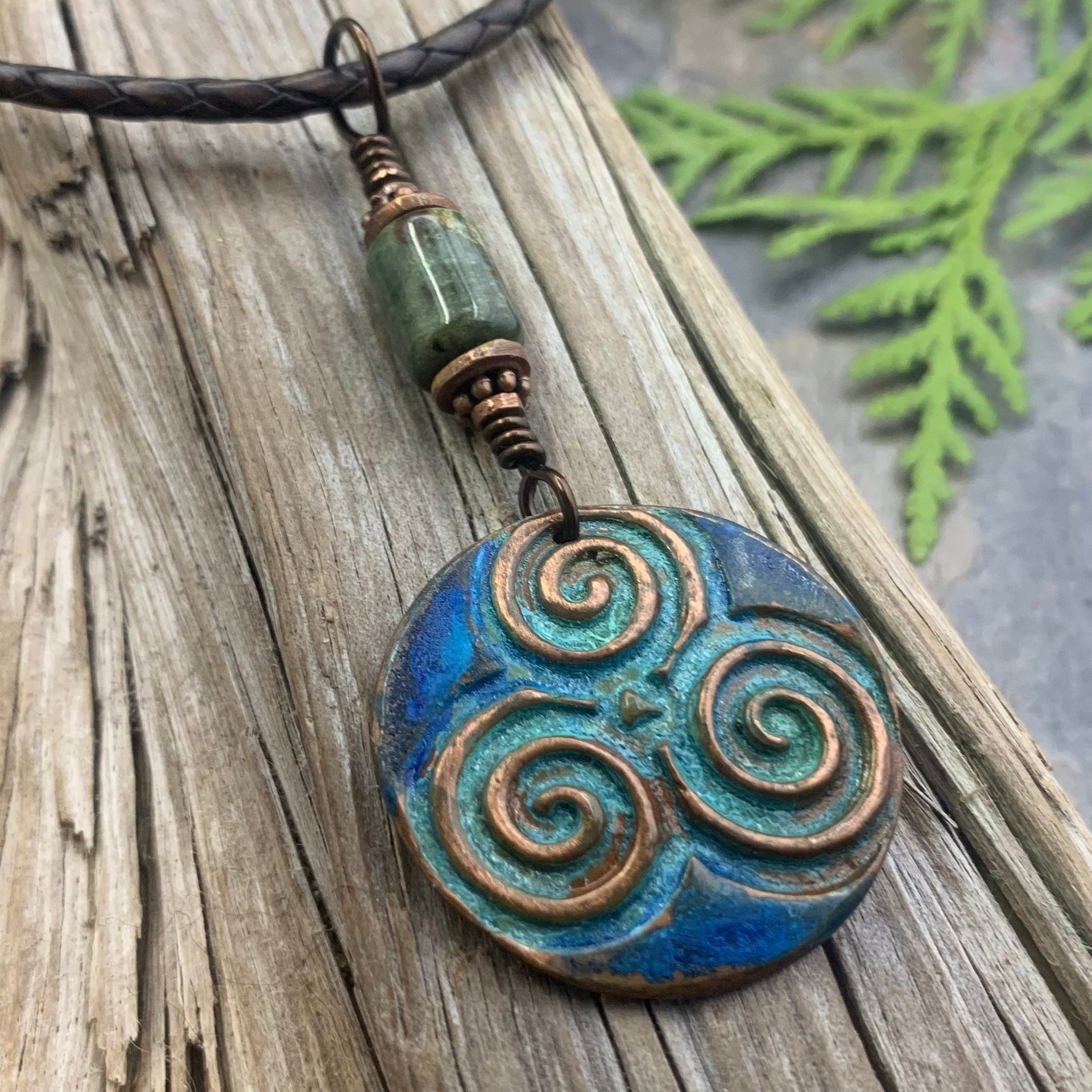 Triskele Copper Pendant, Triskelion, Connemara Marble, Triple Spiral, Irish Celtic Jewelry, Verdigris Patina, Blue Green Copper, Pagan Witch