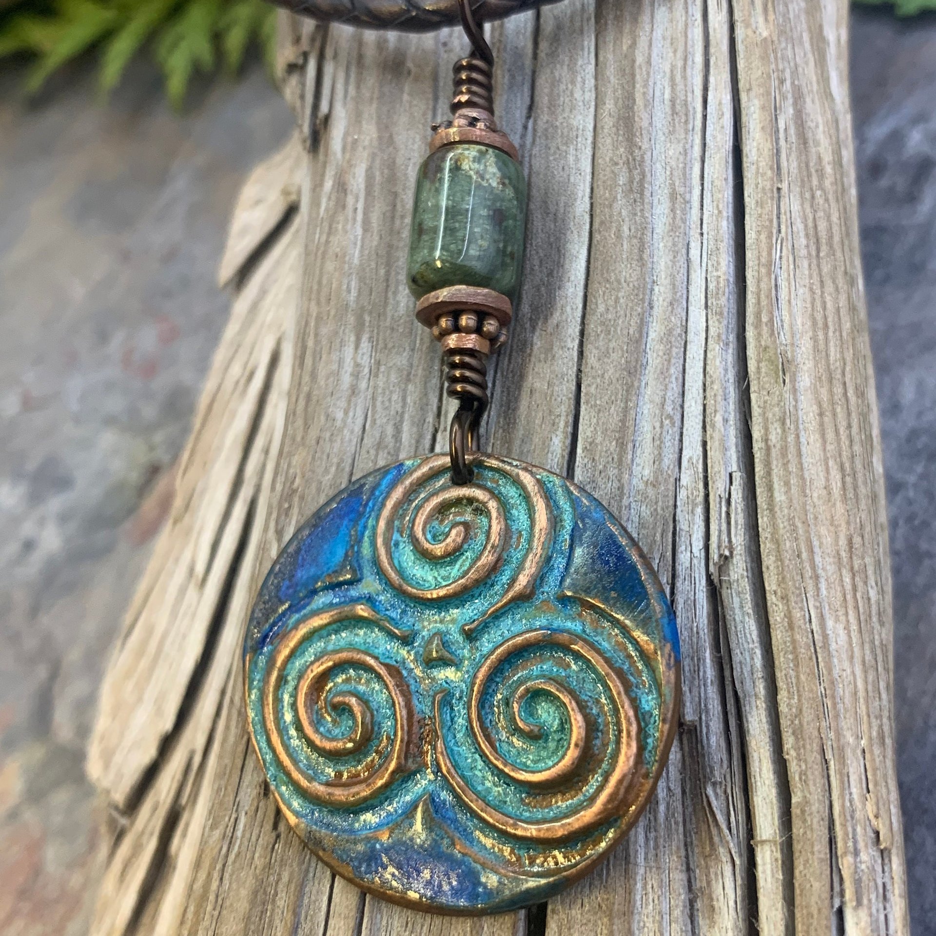 Triskele Copper Pendant, Triskelion, Connemara Marble, Triple Spiral, Irish Celtic Jewelry, Verdigris Patina, Blue Green Copper, Pagan Witch