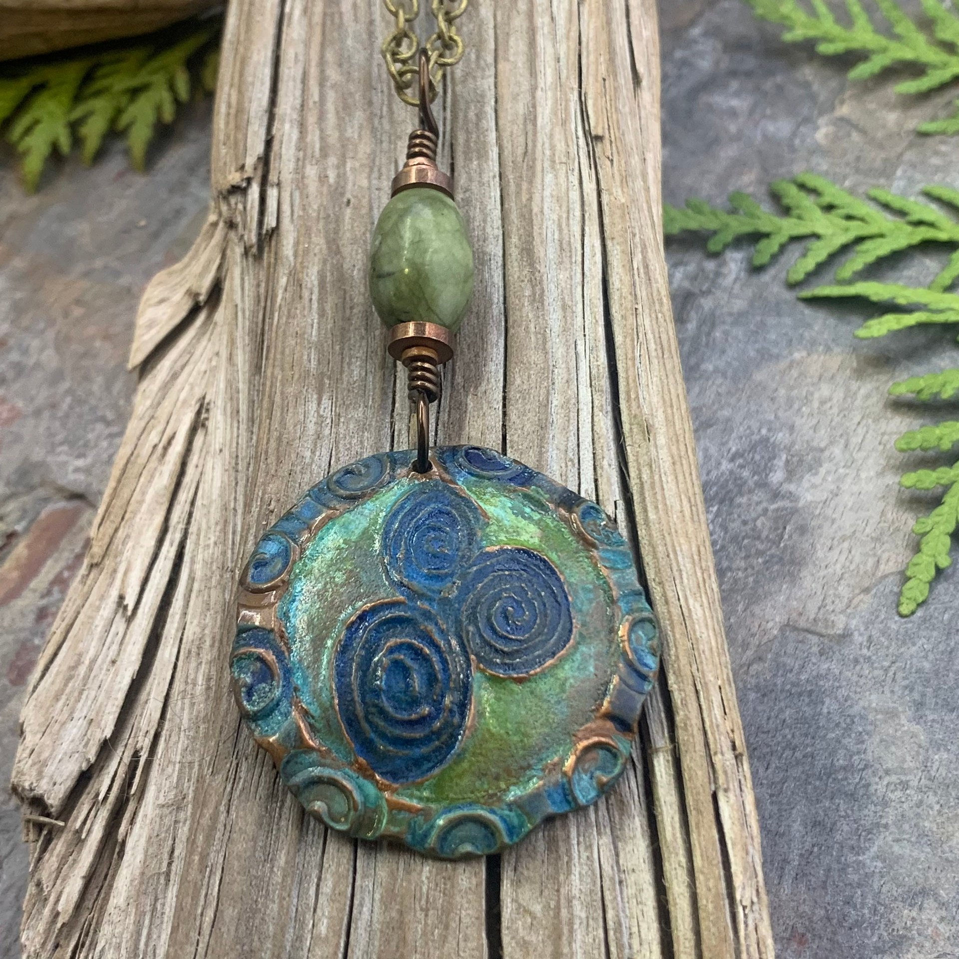 Newgrange Spirals, Copper Pendant, Connemara Marble, Triple Spiral, Irish Celtic Jewelry, Verdigris Patina, Blue Green Copper, Pagan Witch