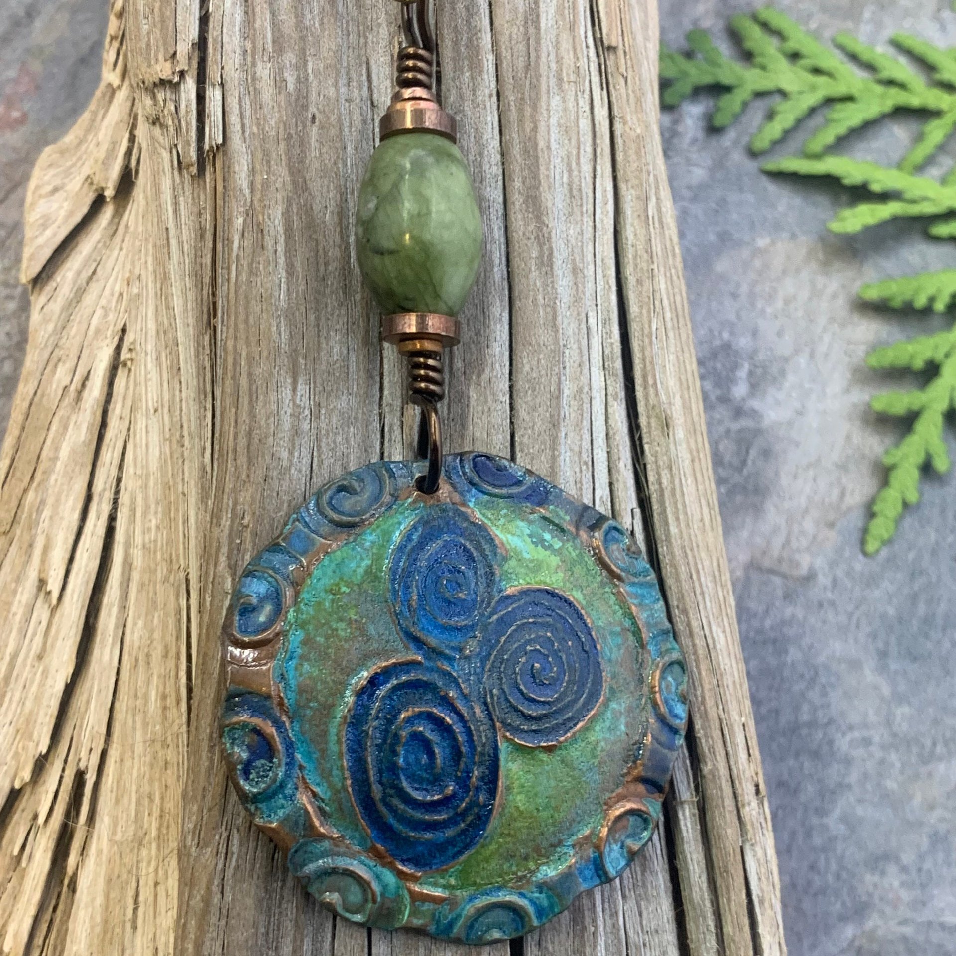 Newgrange Spirals, Copper Pendant, Connemara Marble, Triple Spiral, Irish Celtic Jewelry, Verdigris Patina, Blue Green Copper, Pagan Witch