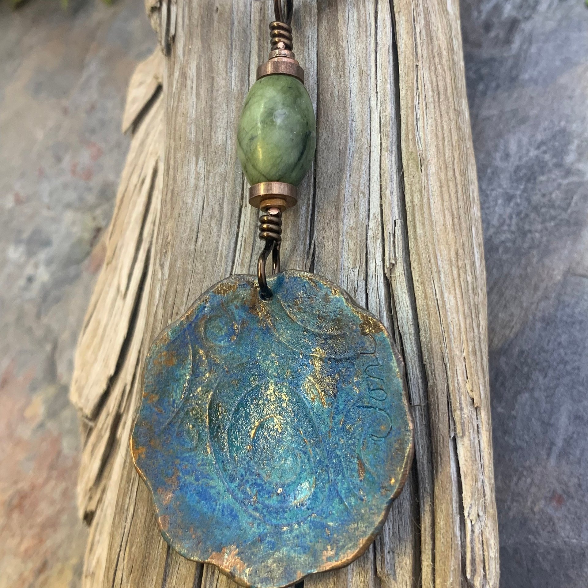 Newgrange Spirals, Copper Pendant, Connemara Marble, Triple Spiral, Irish Celtic Jewelry, Verdigris Patina, Blue Green Copper, Pagan Witch