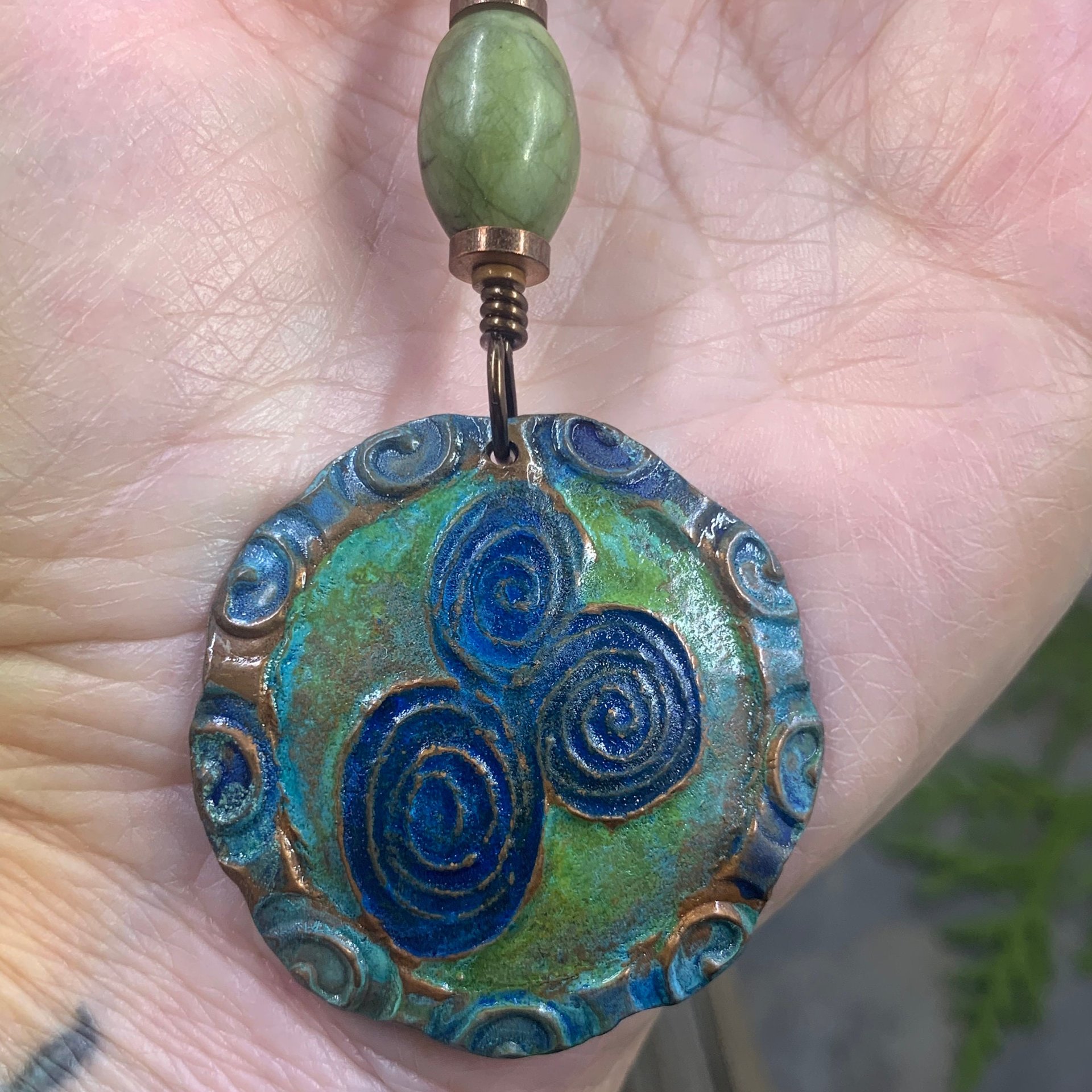 Newgrange Spirals, Copper Pendant, Connemara Marble, Triple Spiral, Irish Celtic Jewelry, Verdigris Patina, Blue Green Copper, Pagan Witch