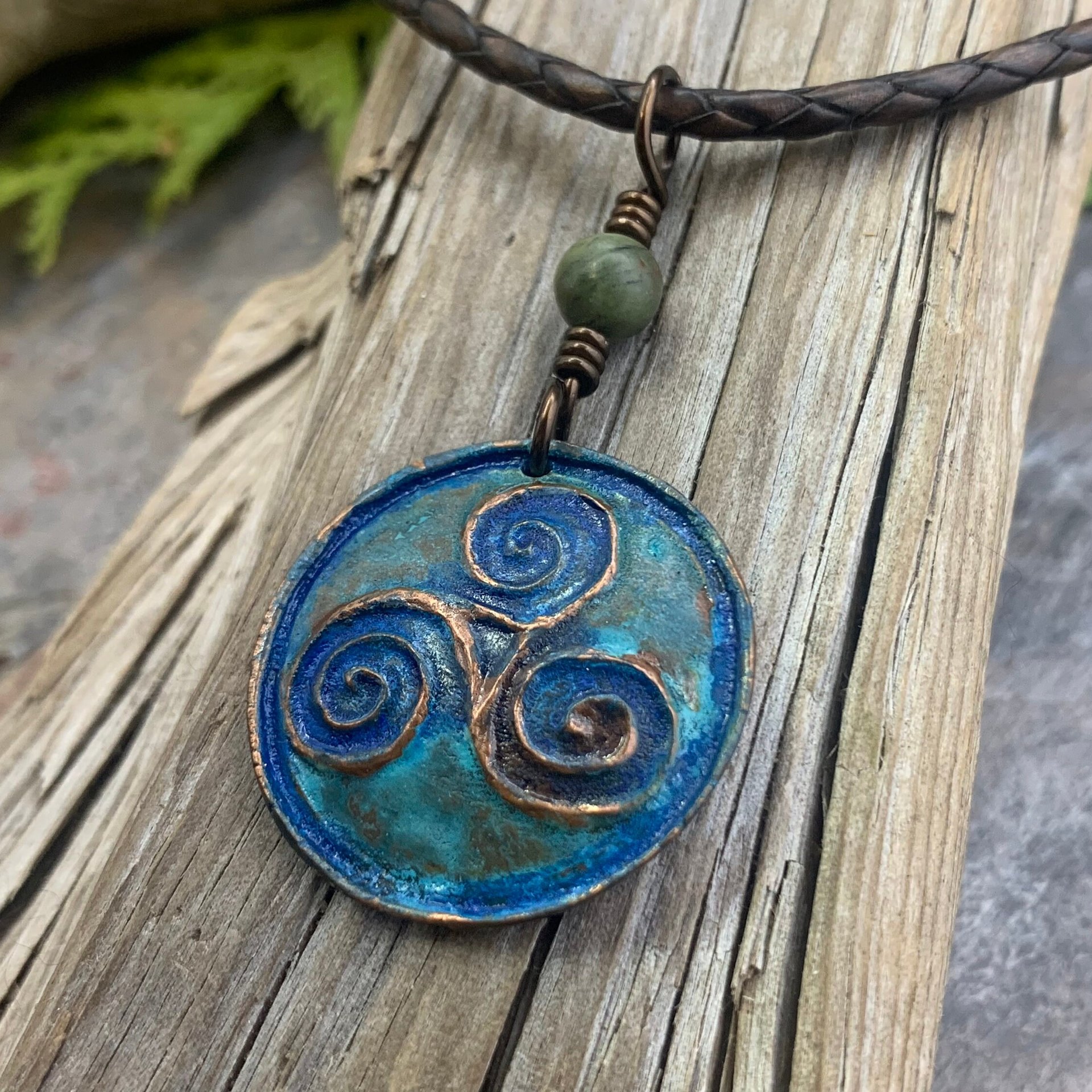 Triskele Pendant, Triskelion, Triple Spiral, Copper Patina, Irish Celtic Jewelry, Connemara Marble, Pagan Wicca, Triple Goddess Charm