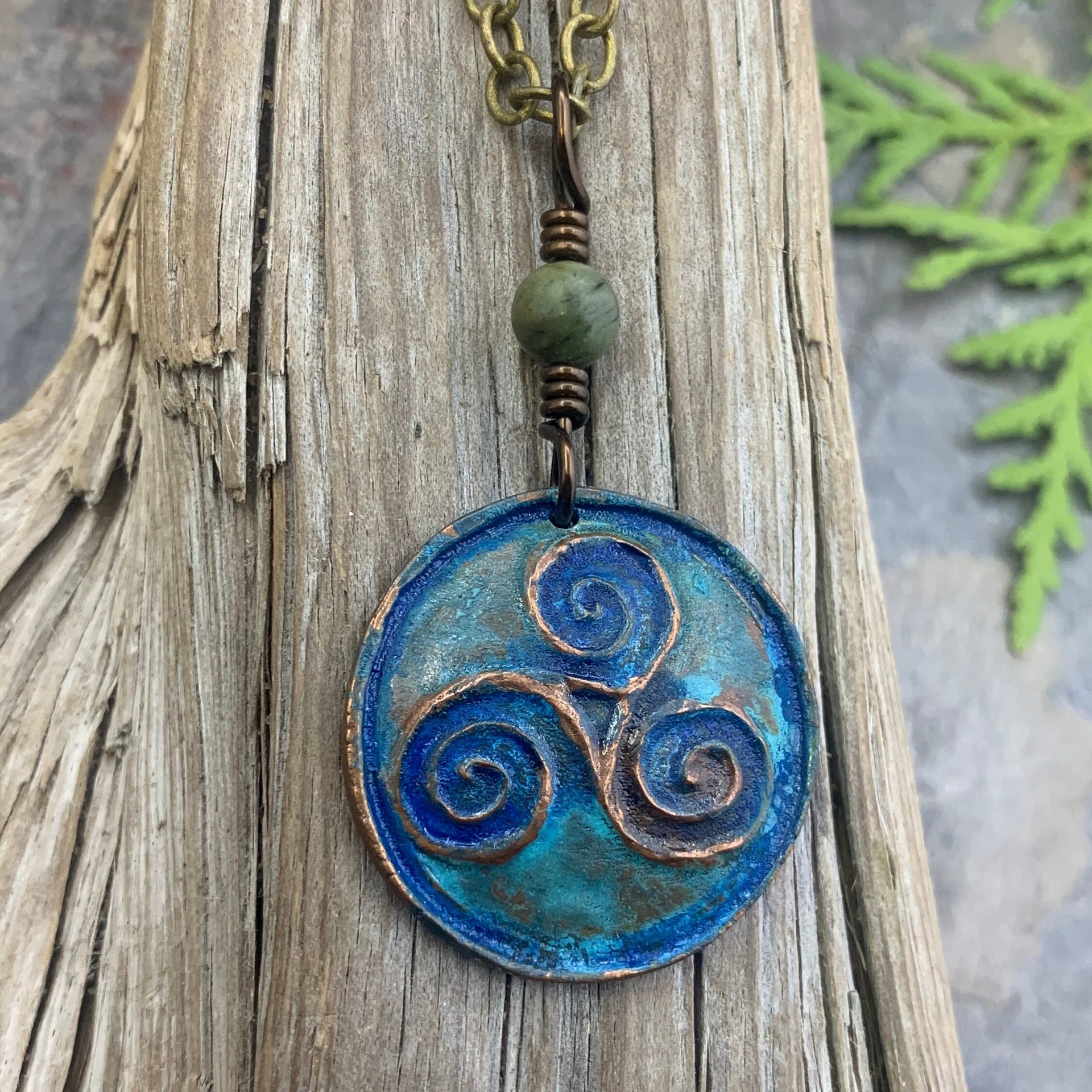 Triskele Pendant, Triskelion, Triple Spiral, Copper Patina, Irish Celtic Jewelry, Connemara Marble, Pagan Wicca, Triple Goddess Charm