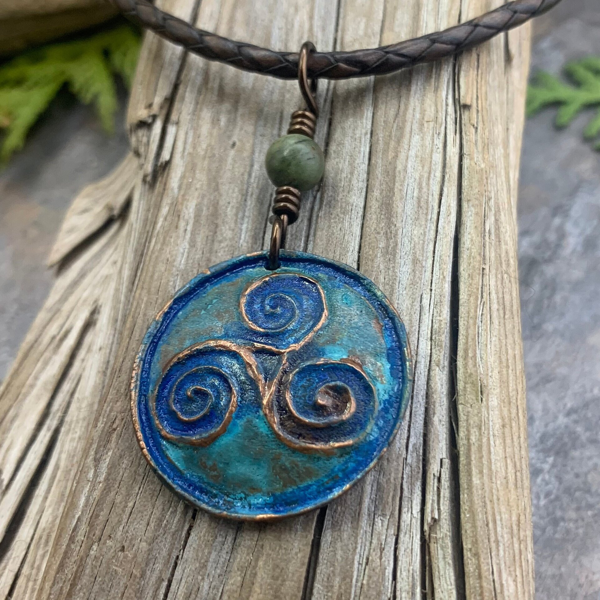 Triskele Pendant, Triskelion, Triple Spiral, Copper Patina, Irish Celtic Jewelry, Connemara Marble, Pagan Wicca, Triple Goddess Charm