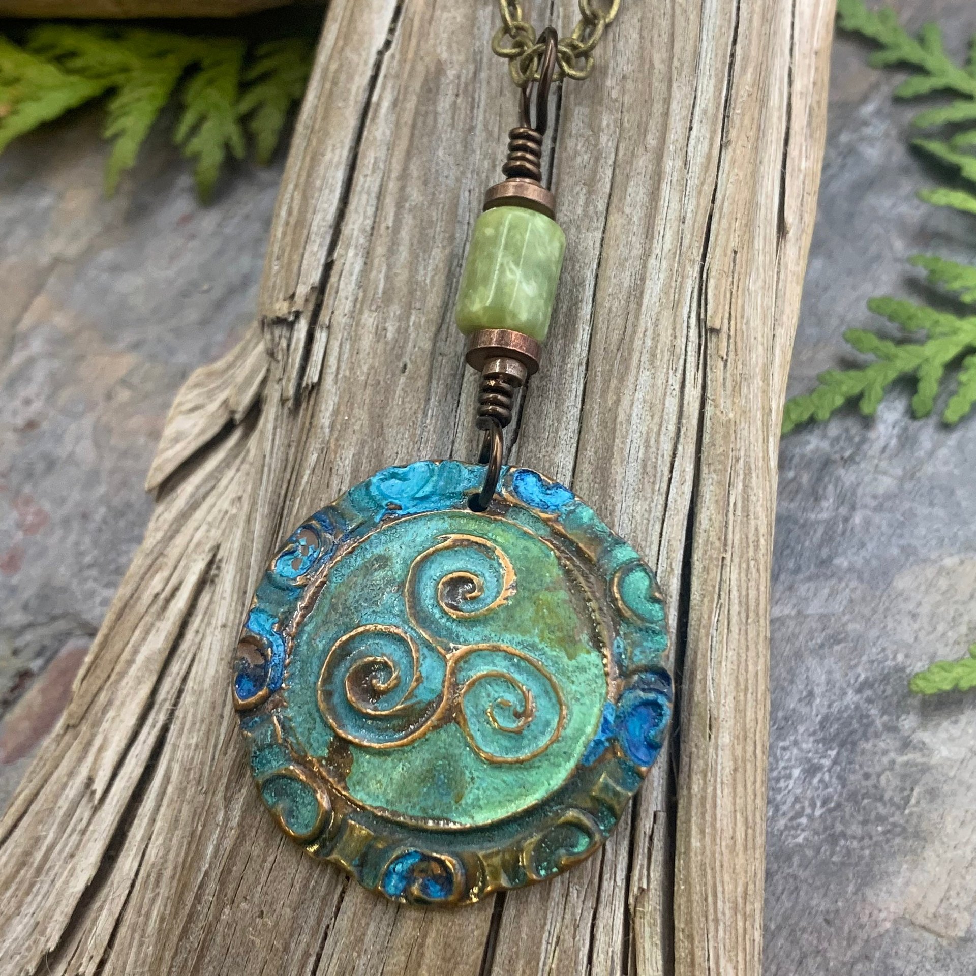 Triskele Copper Pendant, Triskelion, Connemara Marble, Triple Spiral, Irish Celtic Jewelry, Verdigris Patina, Blue Green Copper, Pagan Witch