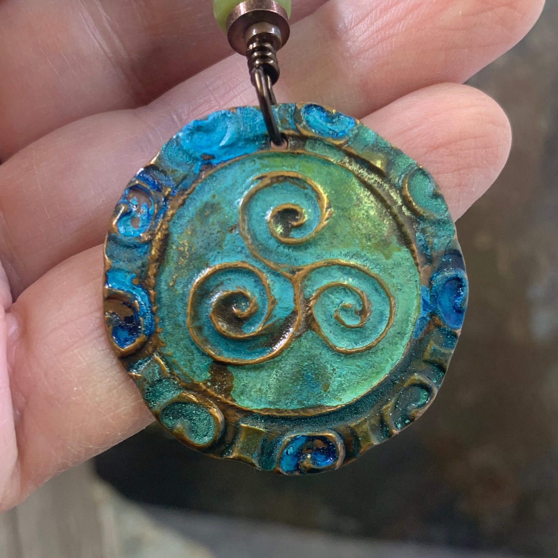 Triskele Copper Pendant, Triskelion, Connemara Marble, Triple Spiral, Irish Celtic Jewelry, Verdigris Patina, Blue Green Copper, Pagan Witch
