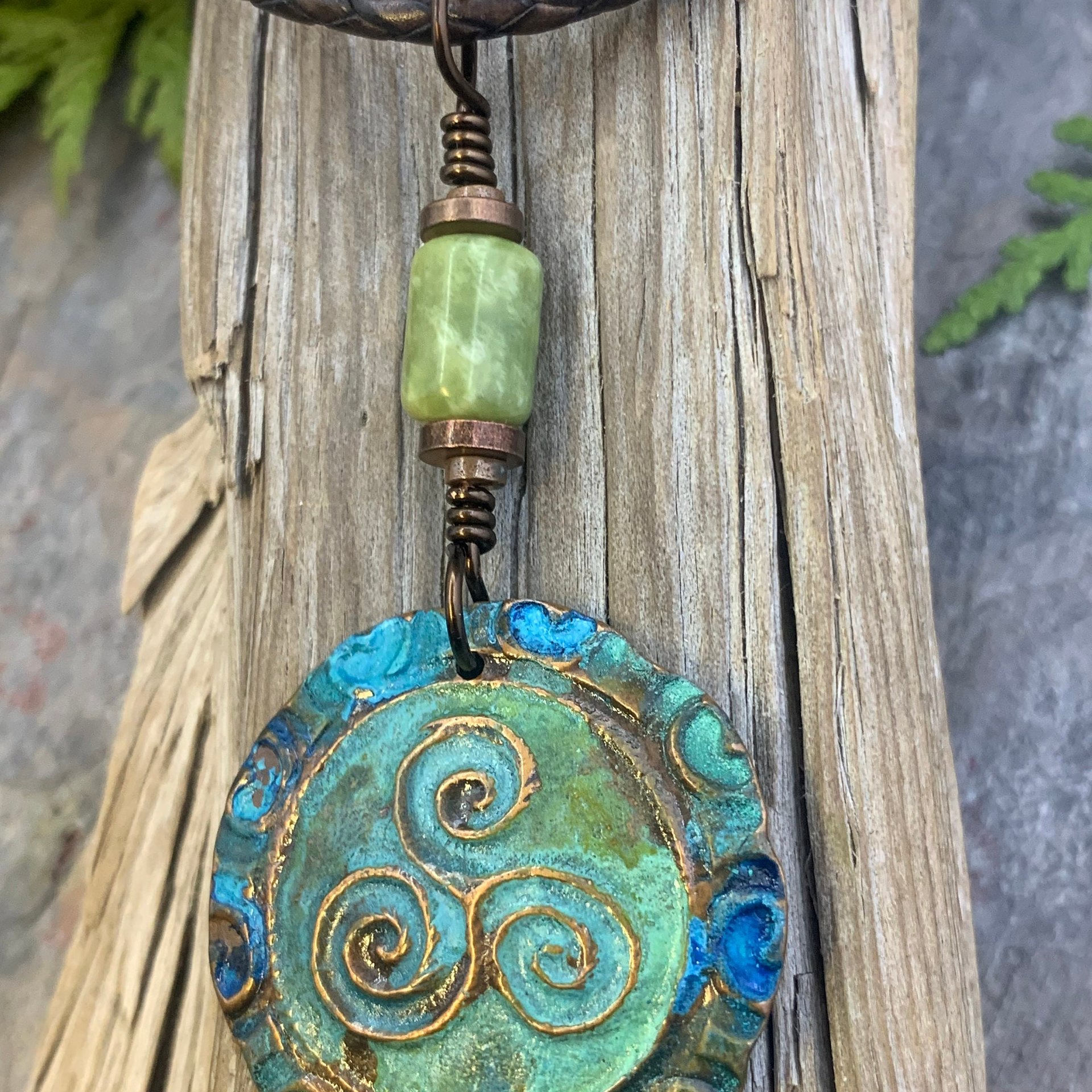 Triskele Copper Pendant, Triskelion, Connemara Marble, Triple Spiral, Irish Celtic Jewelry, Verdigris Patina, Blue Green Copper, Pagan Witch
