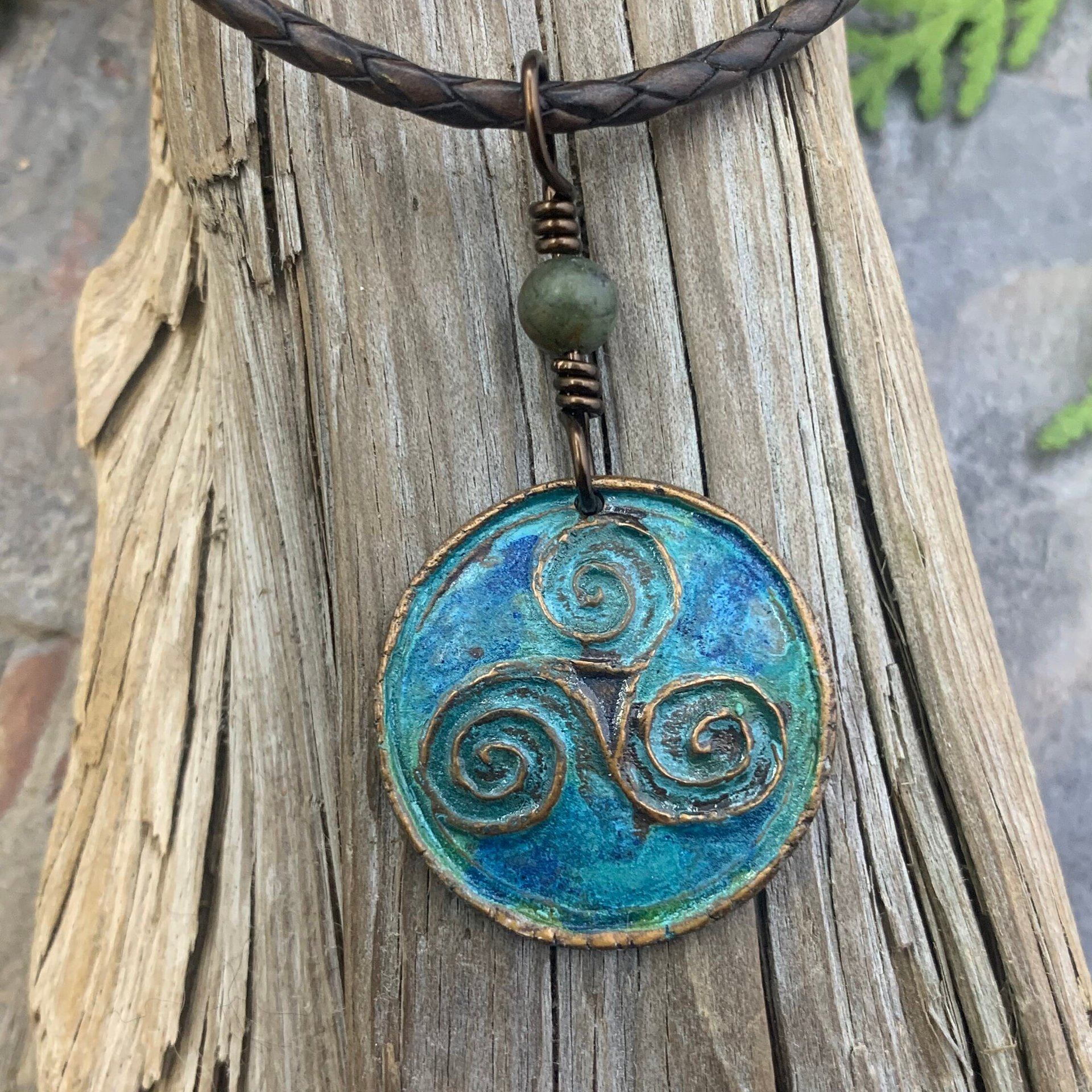 Triskele Pendant, Triskelion, Triple Spiral, Copper Patina, Irish Celtic Jewelry, Connemara Marble, Pagan Wicca, Triple Goddess Charm