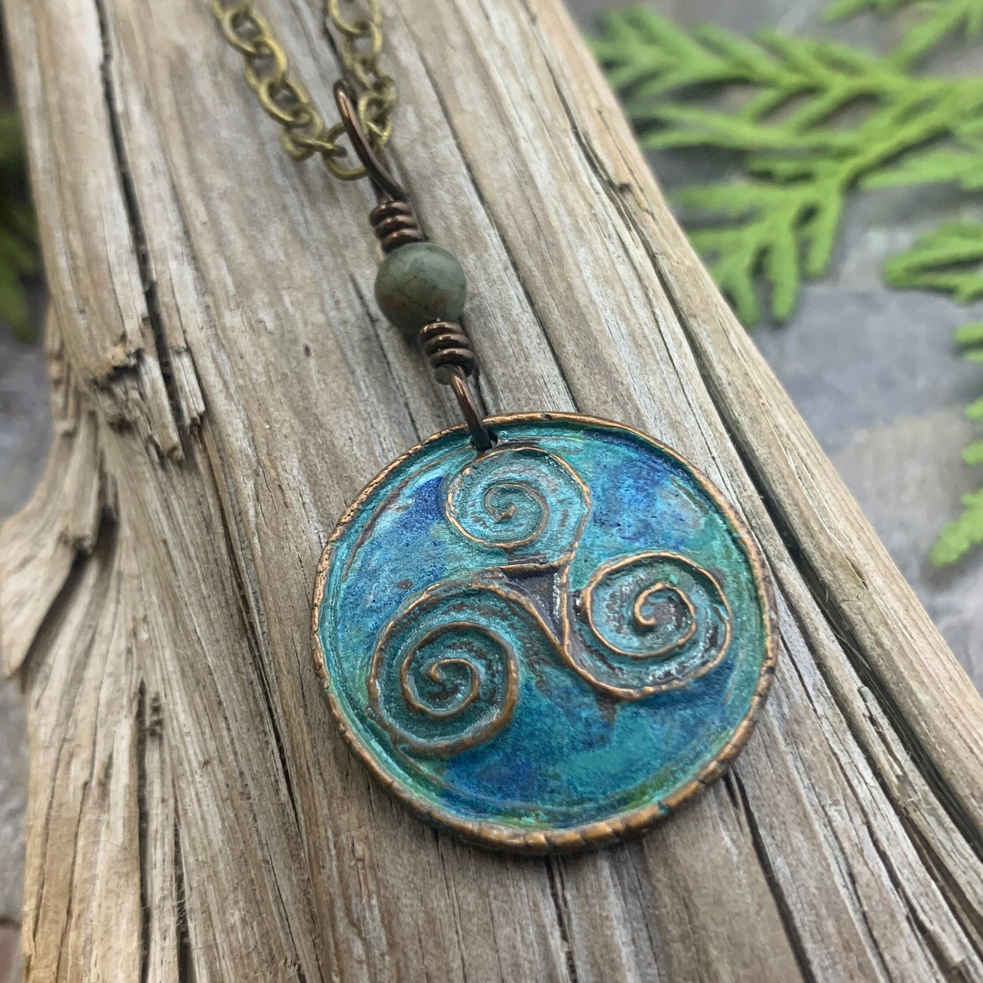 Triskele Pendant, Triskelion, Triple Spiral, Copper Patina, Irish Celtic Jewelry, Connemara Marble, Pagan Wicca, Triple Goddess Charm