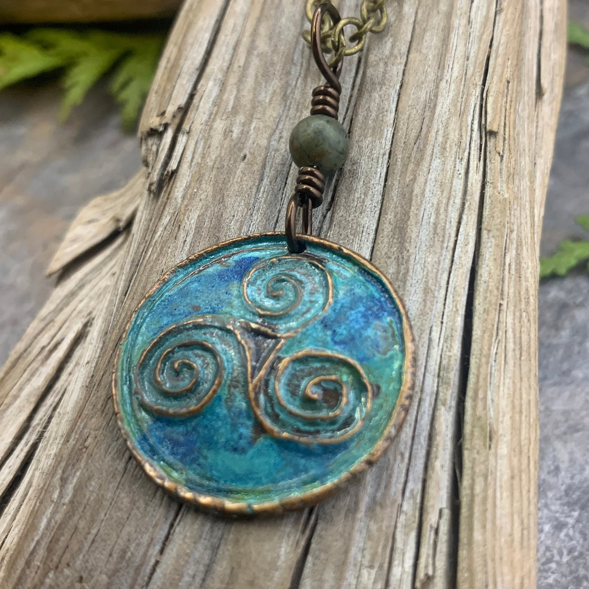Triskele Pendant, Triskelion, Triple Spiral, Copper Patina, Irish Celtic Jewelry, Connemara Marble, Pagan Wicca, Triple Goddess Charm