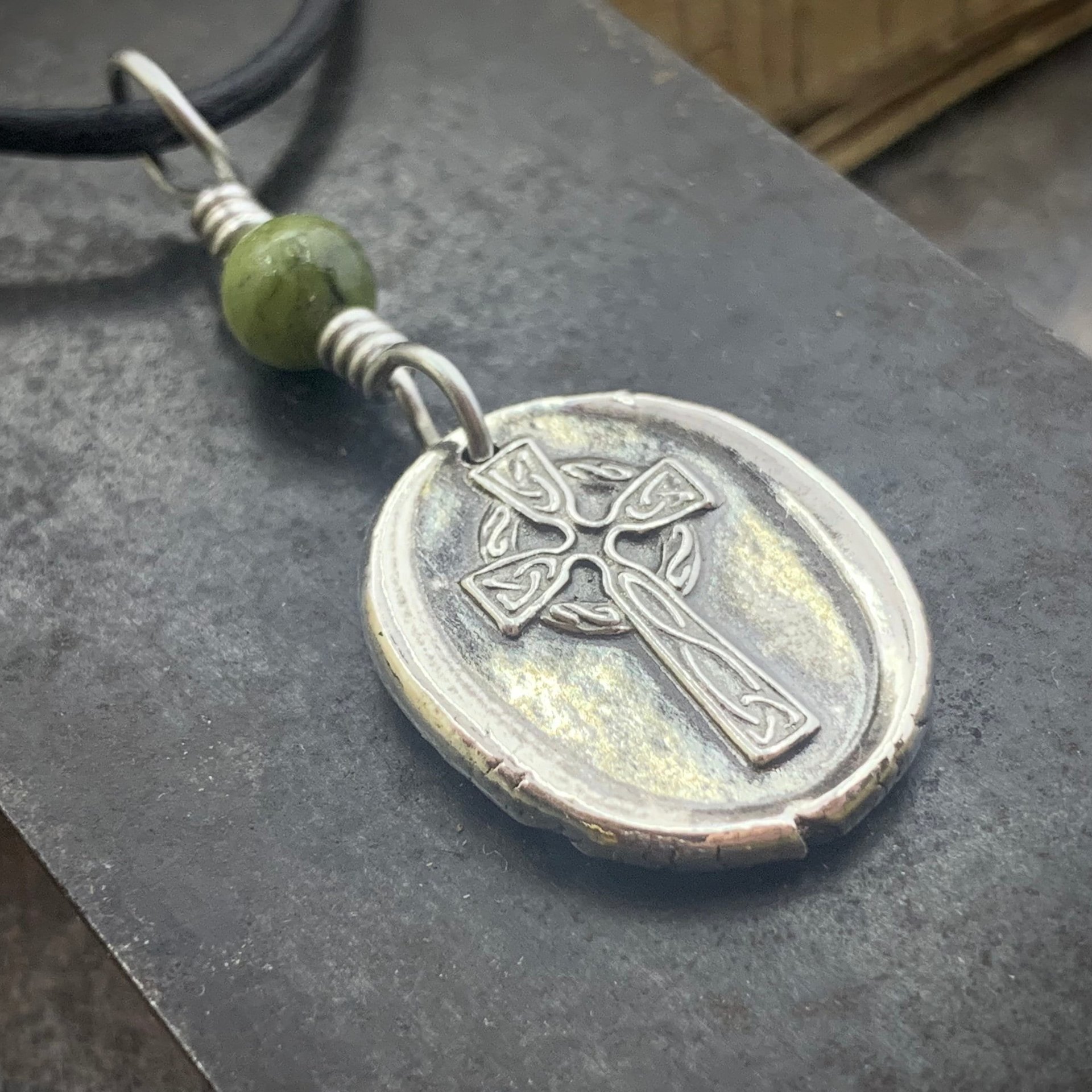 Celtic Cross, Sterling Silver, Connemara Marble, Irish Celtic Jewelry, Wax Seal Charm, Irish Pagan, Handcrafted, Artisan Jewelry, Faith