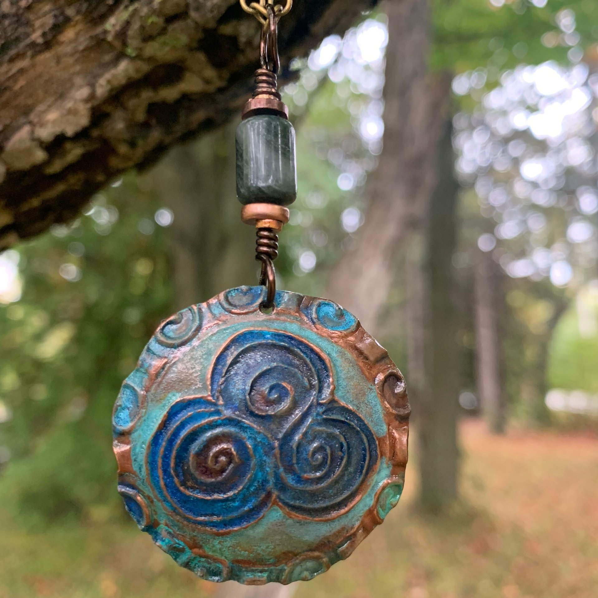 Newgrange Spirals, Copper Pendant, Connemara Marble, Triple Spiral, Irish Celtic Jewelry, Verdigris Patina, Blue Green Copper, Pagan Witch