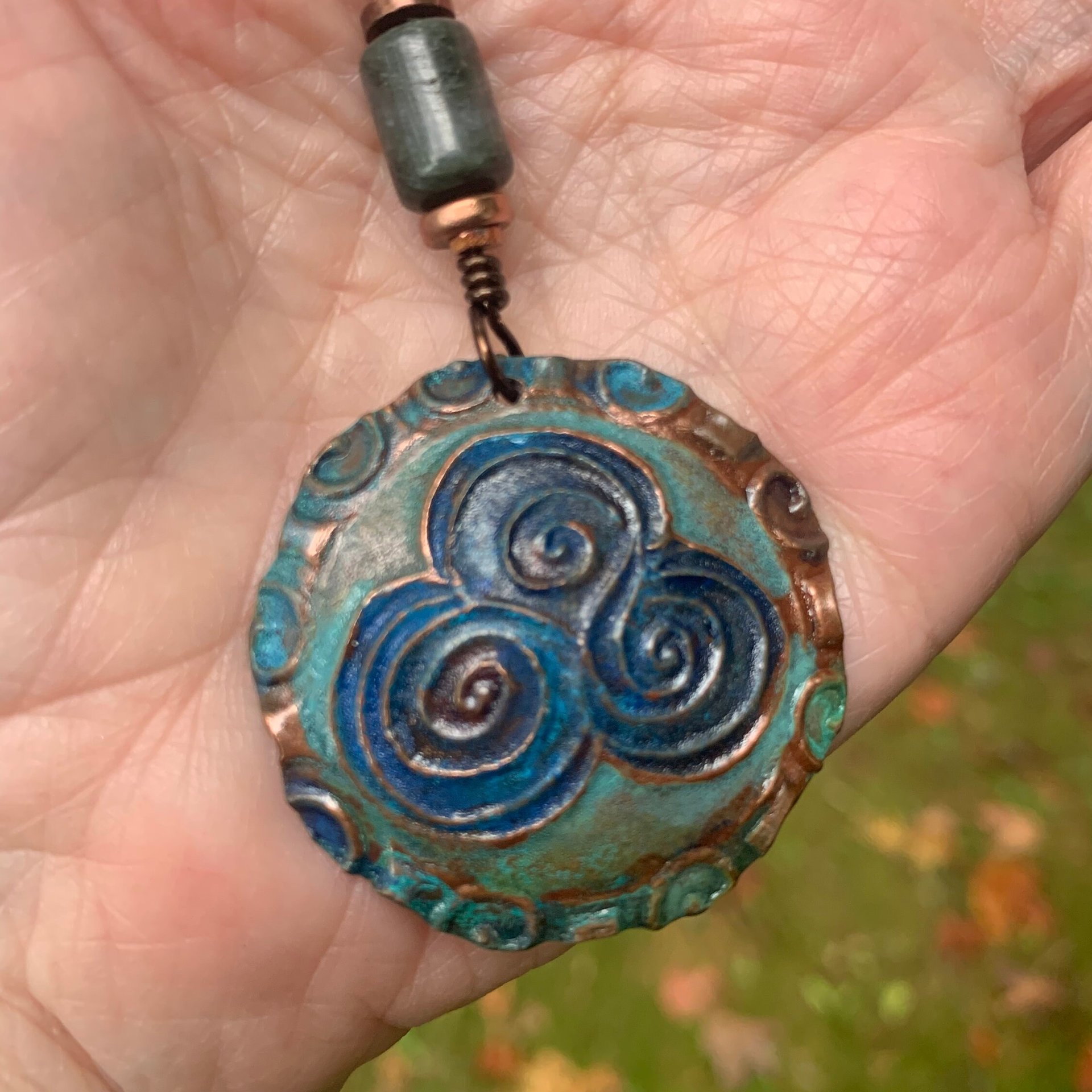 Newgrange Spirals, Copper Pendant, Connemara Marble, Triple Spiral, Irish Celtic Jewelry, Verdigris Patina, Blue Green Copper, Pagan Witch