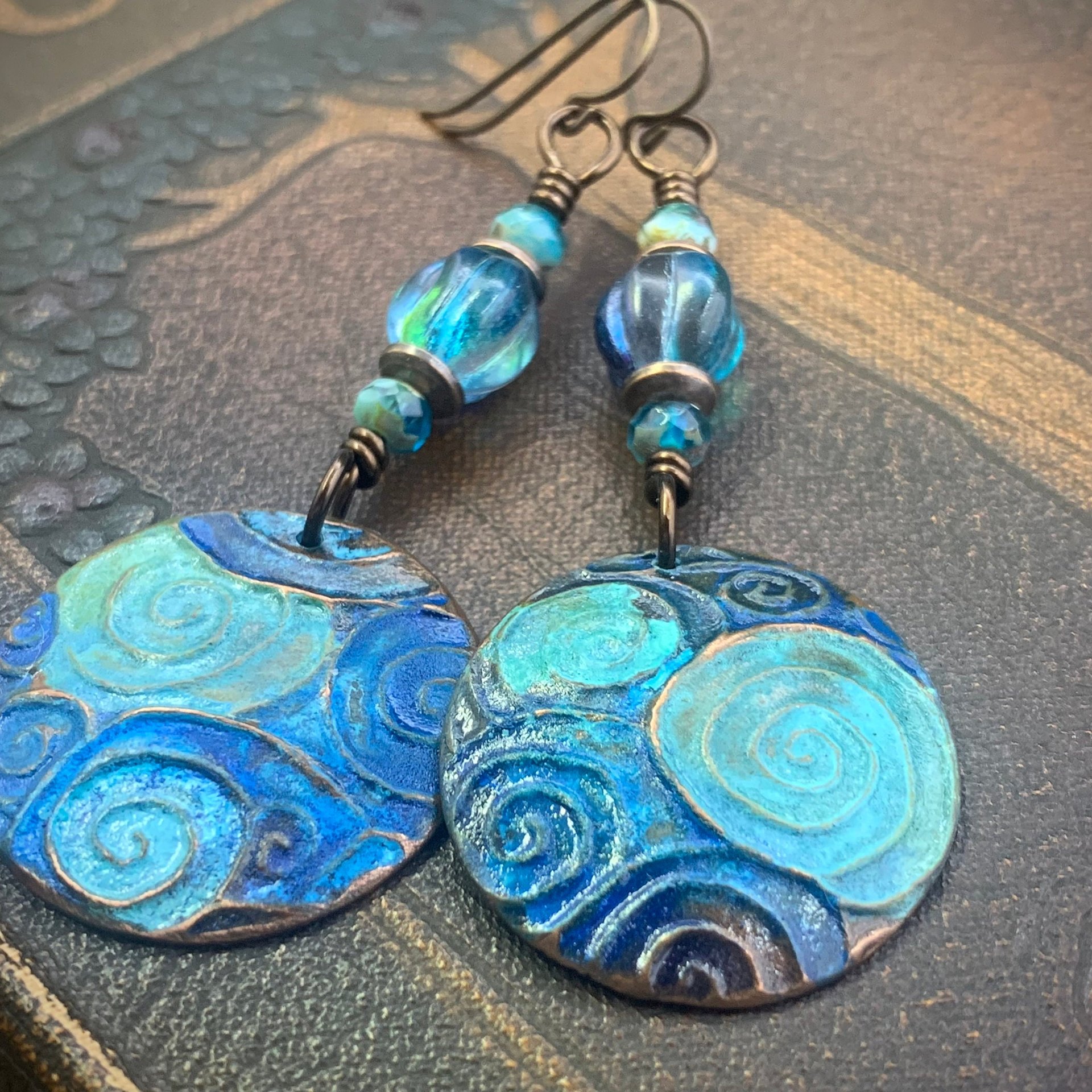 Copper Spiral Earrings, Verdigris Patina, Disc Earrings, Copper and Turquoise, Czech Glass Beads, Wire Wrapped, Irish Celtic Jewelry, Pagan