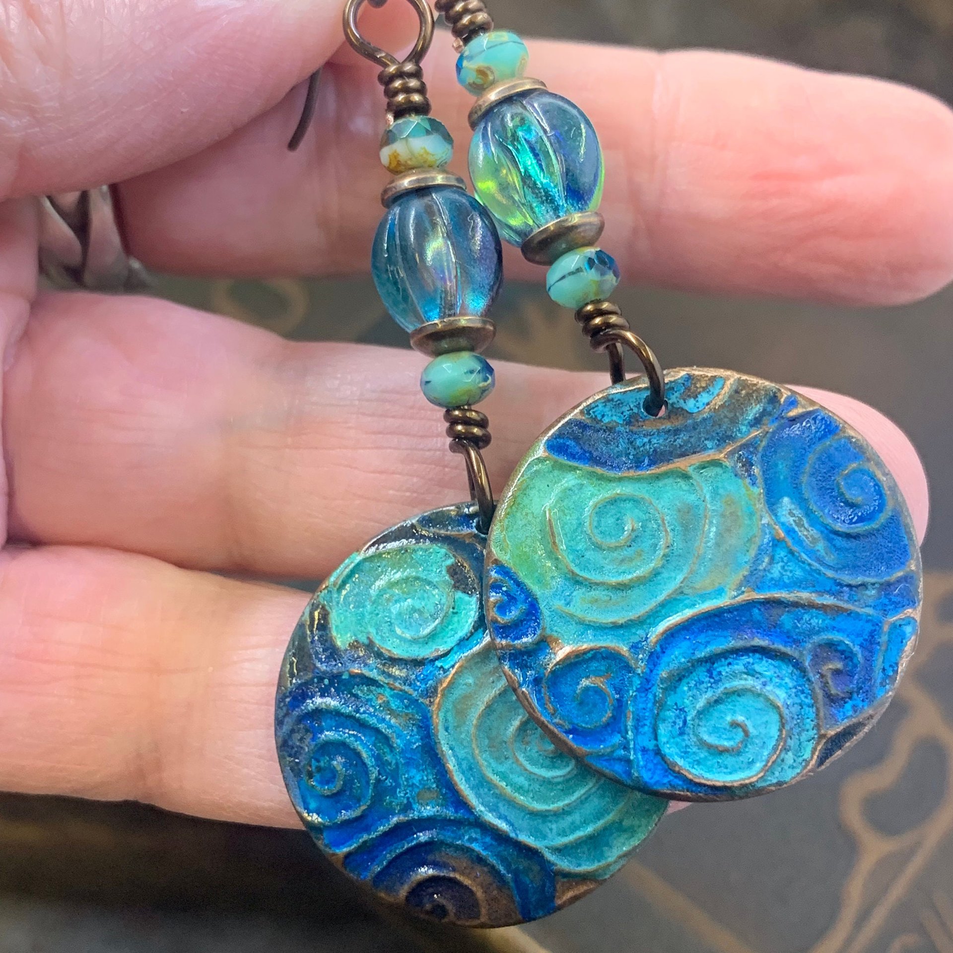 Copper Spiral Earrings, Verdigris Patina, Disc Earrings, Copper and Turquoise, Czech Glass Beads, Wire Wrapped, Irish Celtic Jewelry, Pagan