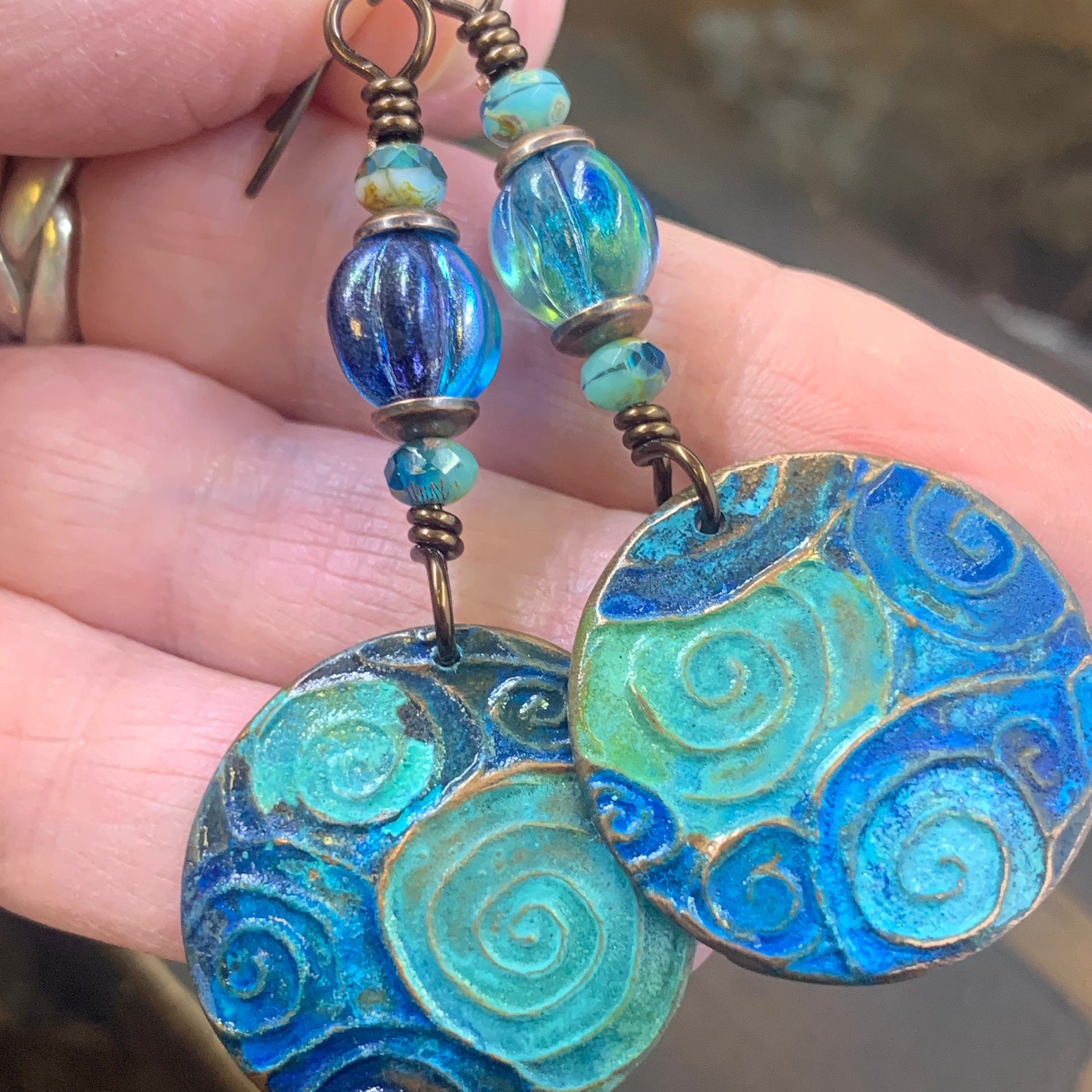 Copper Spiral Earrings, Verdigris Patina, Disc Earrings, Copper and Turquoise, Czech Glass Beads, Wire Wrapped, Irish Celtic Jewelry, Pagan