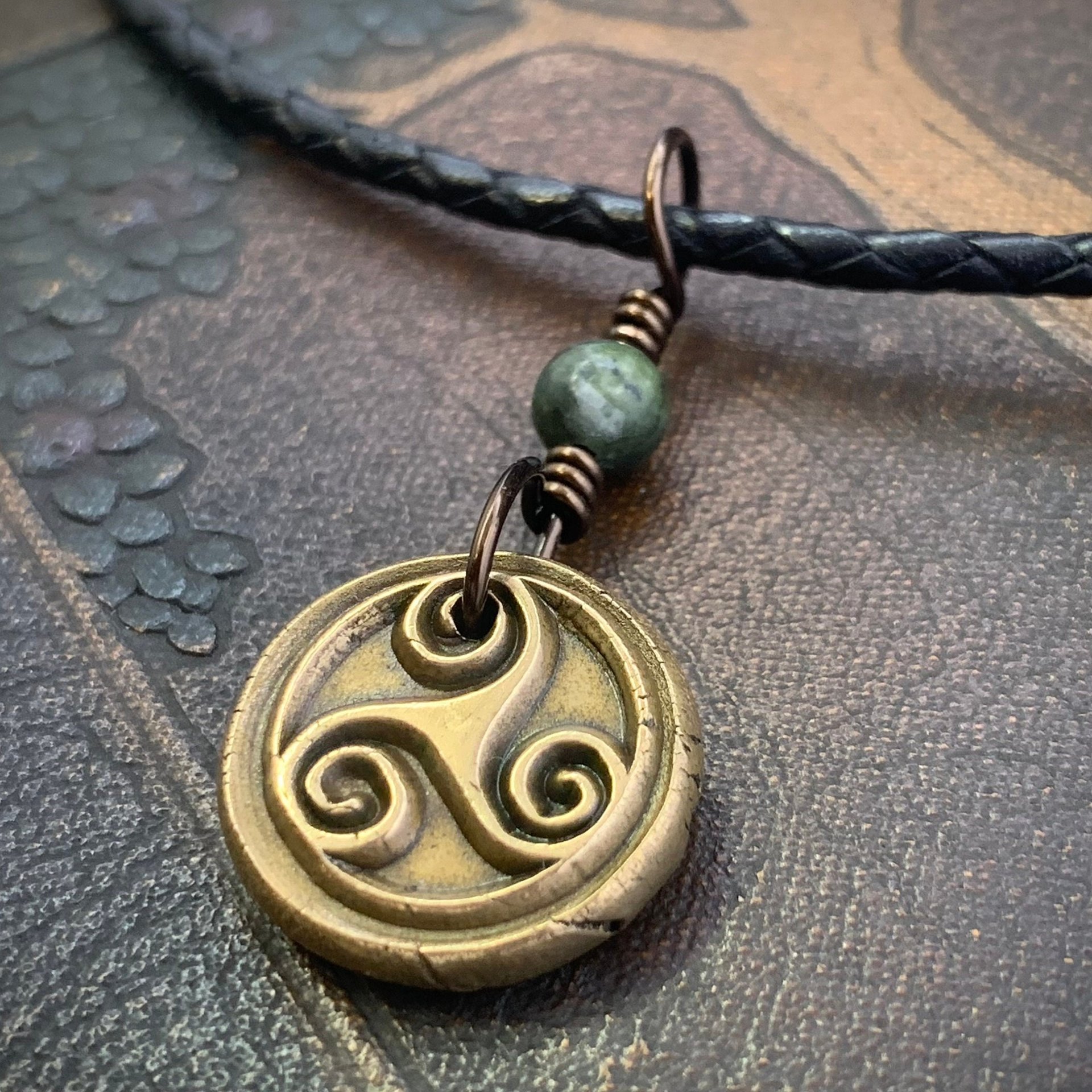 Triskele Bronze Necklace, Connemara Marble, Wax Seal Charm, Irish Celtic Symbols, Triple Spiral, Triskelion, Pagan Jewelry, 8th Anniversary
