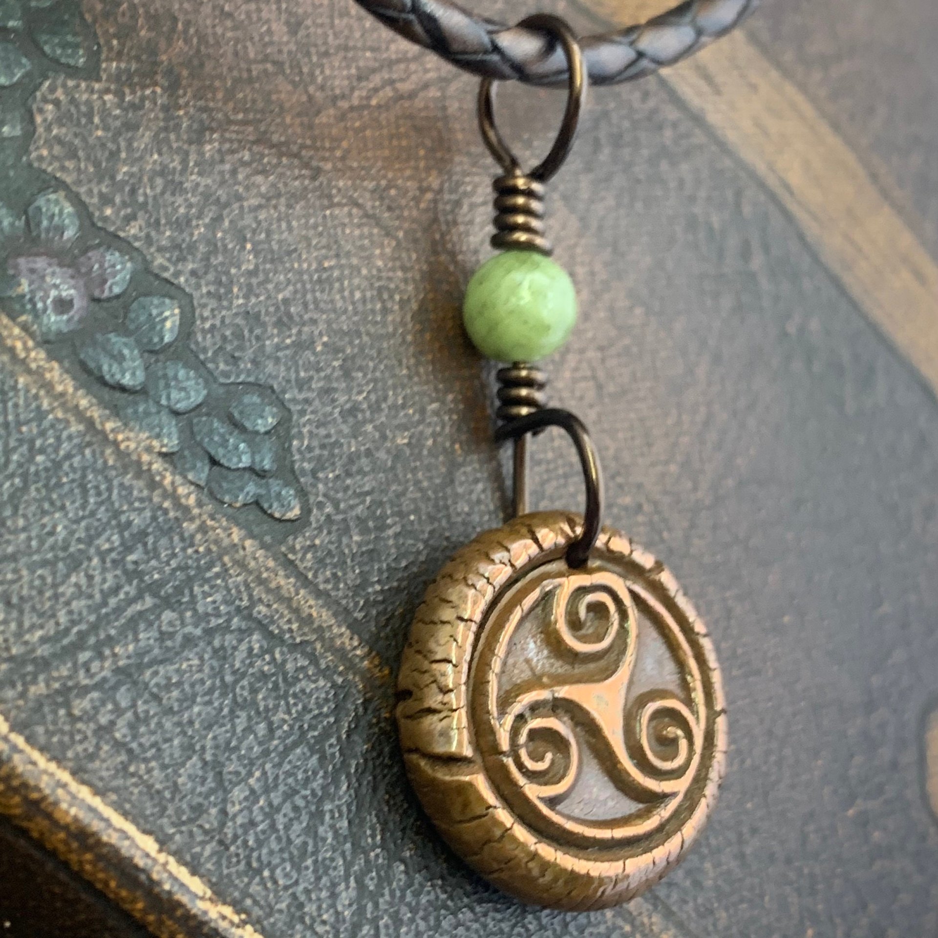 Triskele Copper Necklace, Connemara Marble, Wax Seal Charm, Irish Celtic Symbols, Triple Spiral, Triskelion, Pagan Jewelry, 7th Anniversary