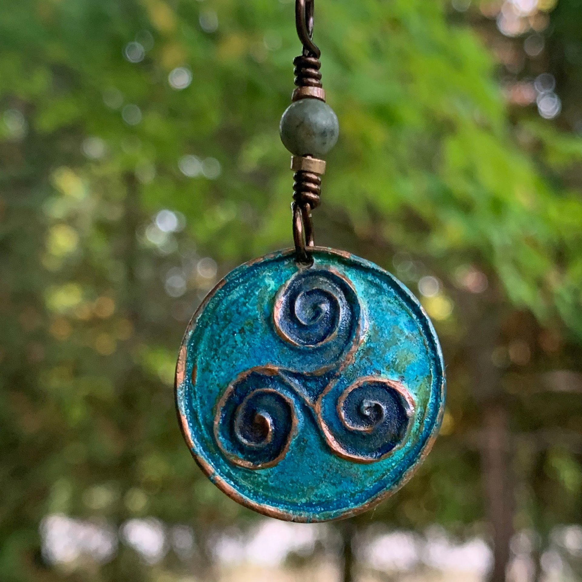 Triskele Pendant, Triskelion, Triple Spiral, Copper Patina, Irish Celtic Jewelry, Connemara Marble, Pagan Wicca, Triple Goddess Charm