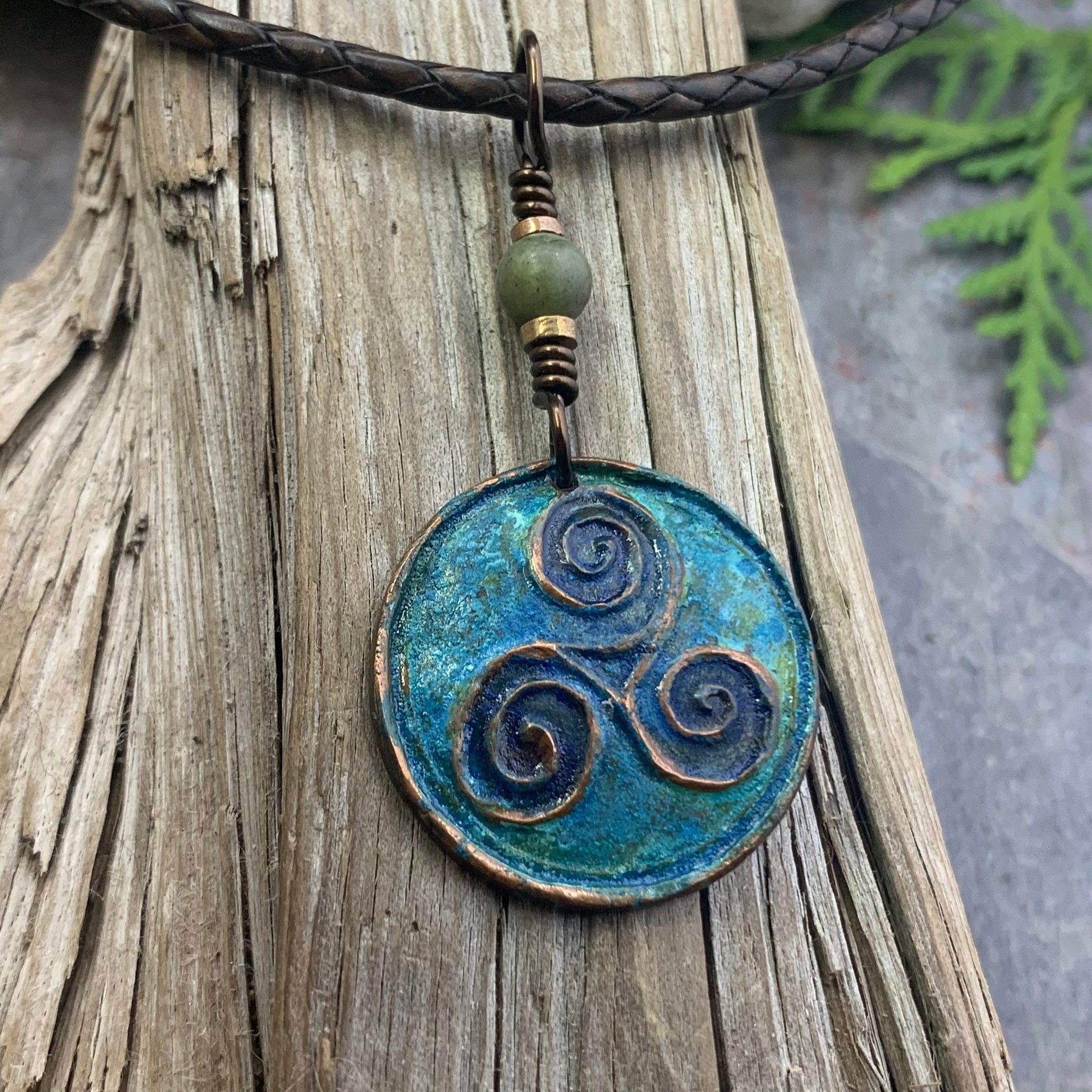Triskele Pendant, Triskelion, Triple Spiral, Copper Patina, Irish Celtic Jewelry, Connemara Marble, Pagan Wicca, Triple Goddess Charm