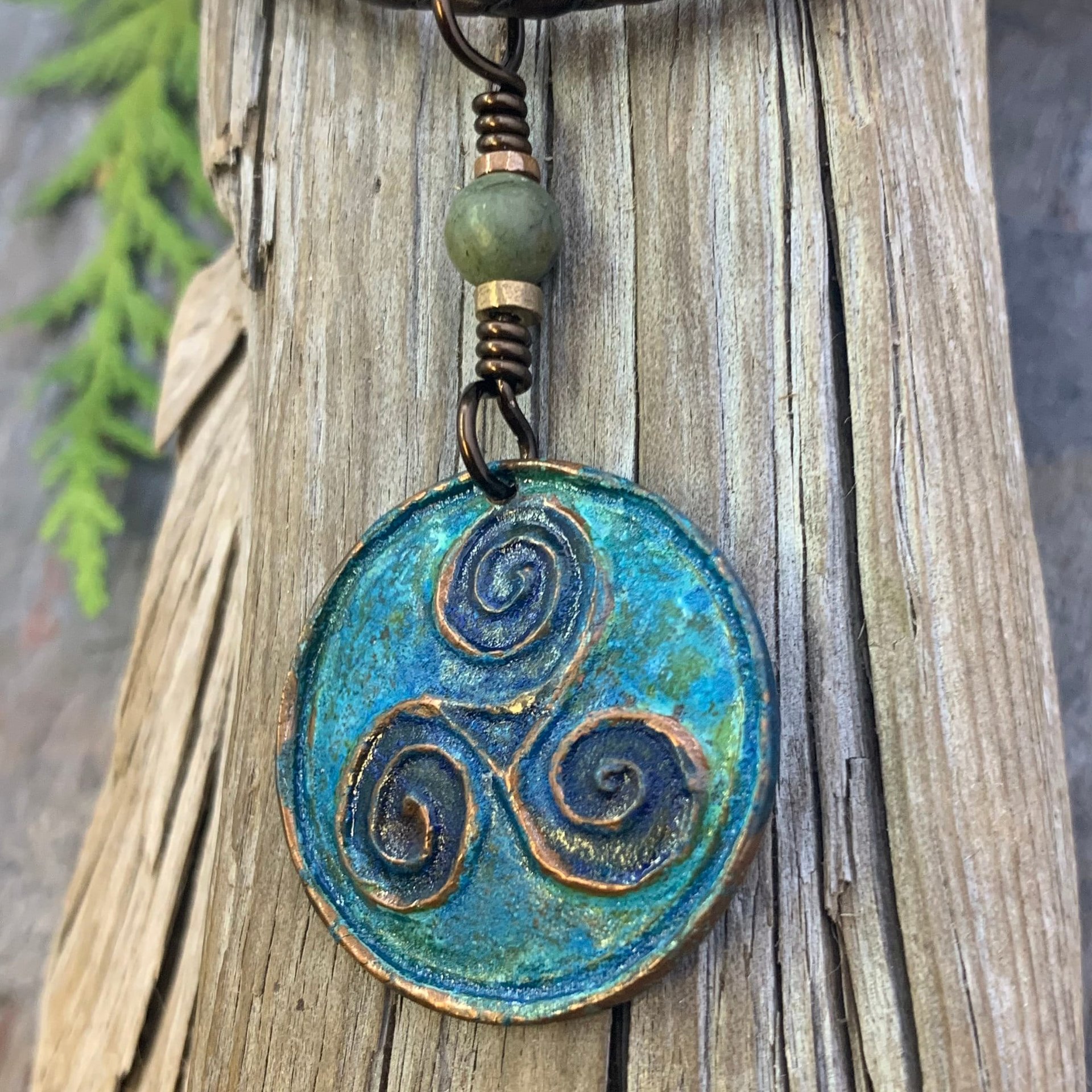 Triskele Pendant, Triskelion, Triple Spiral, Copper Patina, Irish Celtic Jewelry, Connemara Marble, Pagan Wicca, Triple Goddess Charm