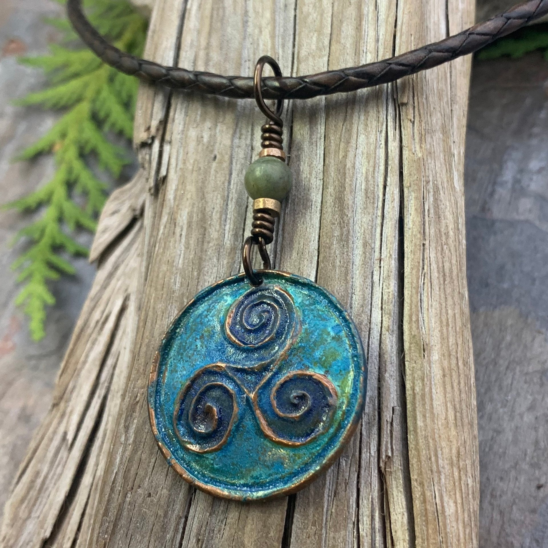Triskele Pendant, Triskelion, Triple Spiral, Copper Patina, Irish Celtic Jewelry, Connemara Marble, Pagan Wicca, Triple Goddess Charm
