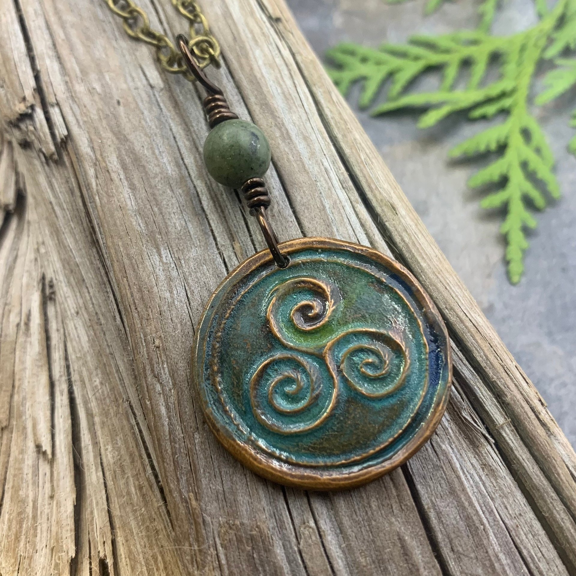 Triskele Pendant, Triskelion, Triple Spiral, Copper Patina, Irish Celtic Jewelry, Connemara Marble, Pagan Wicca, Triple Goddess Charm