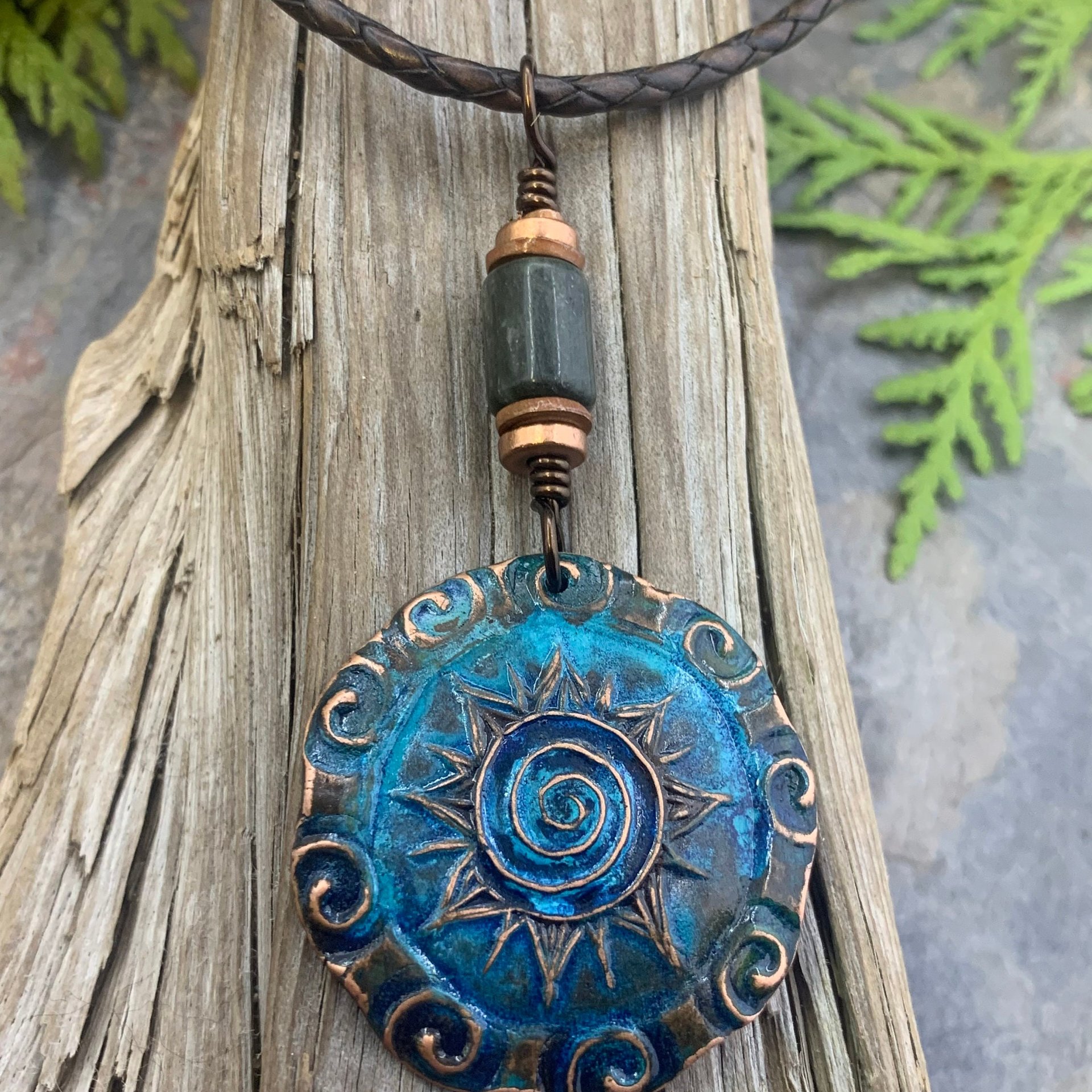 Celtic Sun Spiral Necklace, Copper Sun Charm, Irish Celtic Spirals, Connemara Marble, Hand Carved, Verdigris Patina, Handmade Art Jewelry