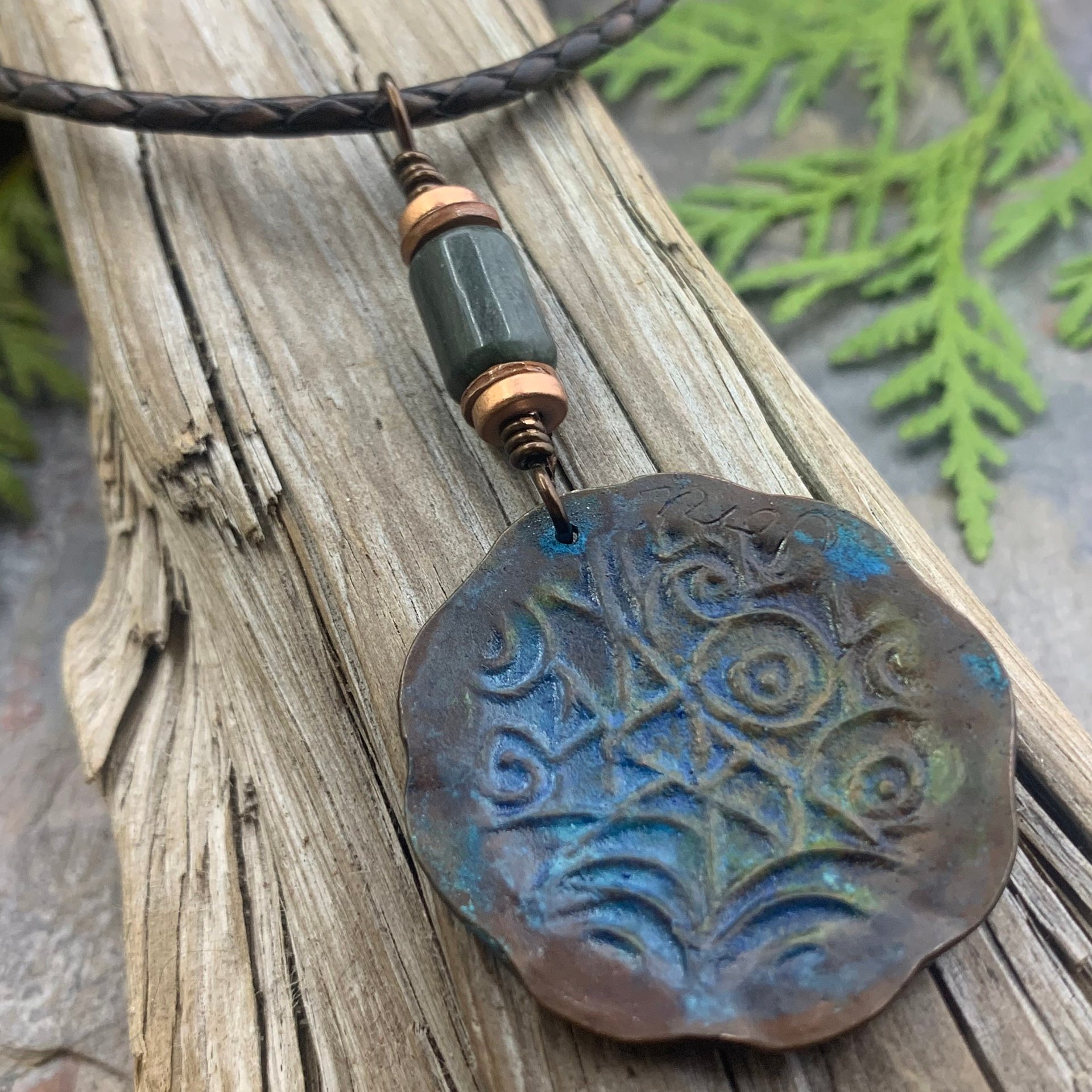 Celtic Sun Spiral Necklace, Copper Sun Charm, Irish Celtic Spirals, Connemara Marble, Hand Carved, Verdigris Patina, Handmade Art Jewelry