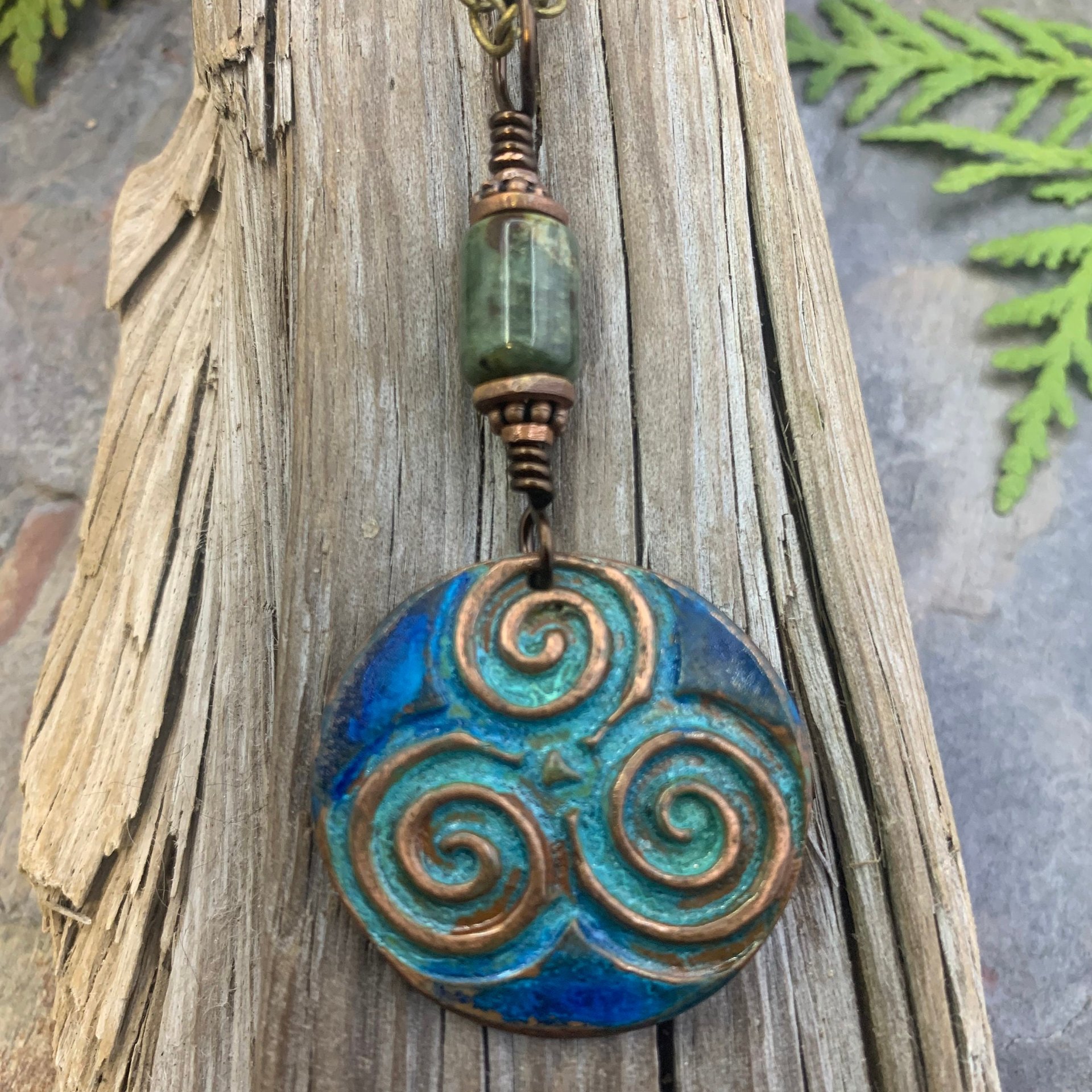 Triskele Copper Pendant, Triskelion, Connemara Marble, Triple Spiral, Irish Celtic Jewelry, Verdigris Patina, Blue Green Copper, Pagan Witch