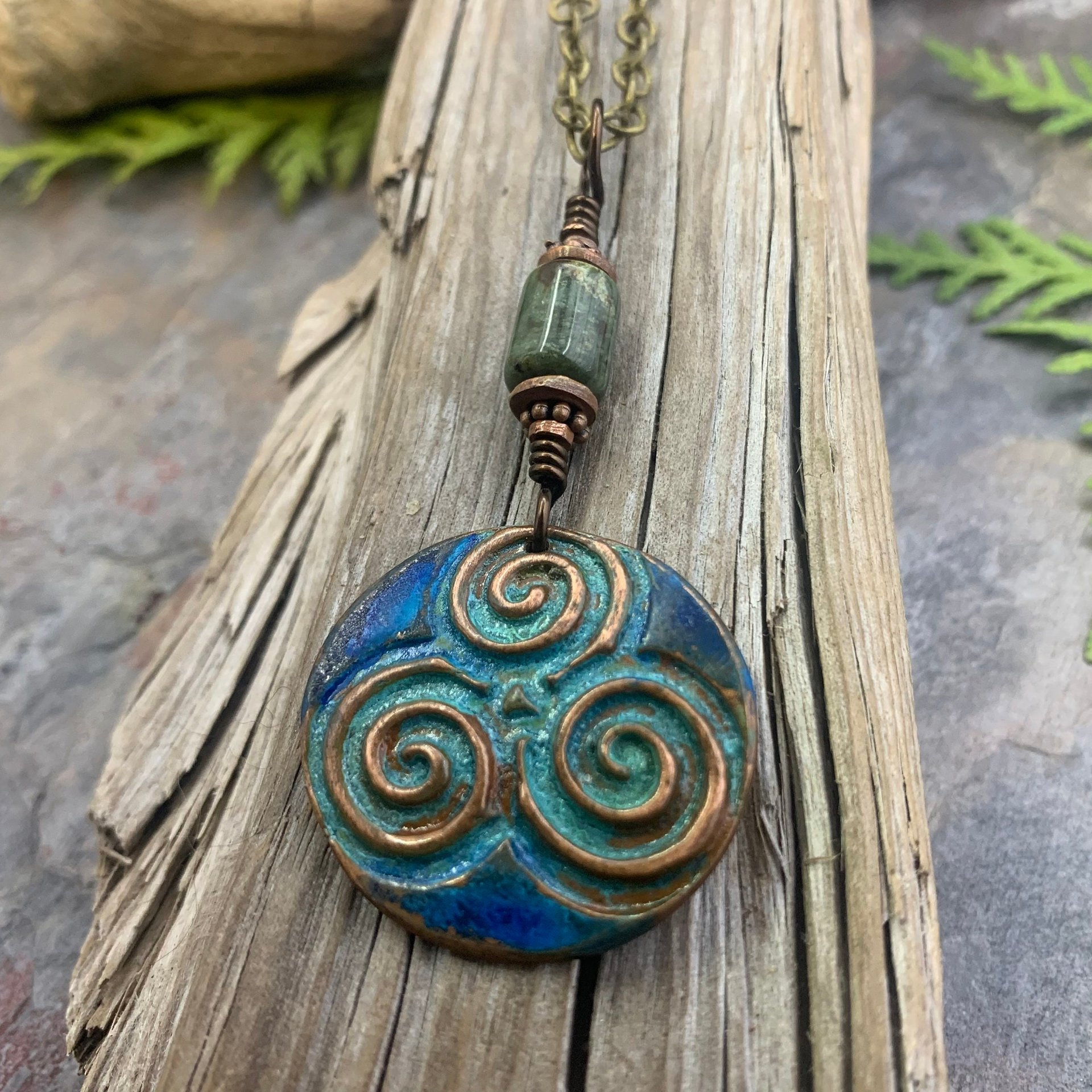 Triskele Copper Pendant, Triskelion, Connemara Marble, Triple Spiral, Irish Celtic Jewelry, Verdigris Patina, Blue Green Copper, Pagan Witch