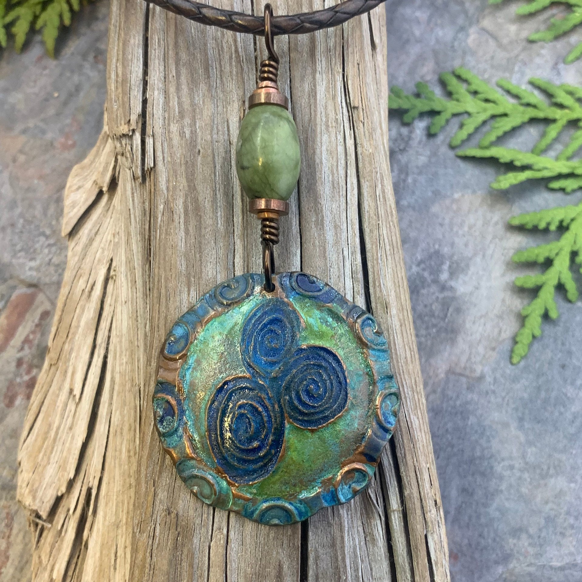 Newgrange Spirals, Copper Pendant, Connemara Marble, Triple Spiral, Irish Celtic Jewelry, Verdigris Patina, Blue Green Copper, Pagan Witch