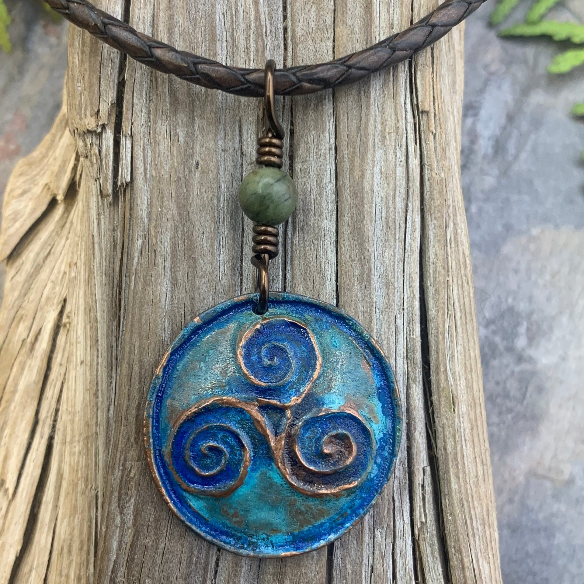 Triskele Pendant, Triskelion, Triple Spiral, Copper Patina, Irish Celtic Jewelry, Connemara Marble, Pagan Wicca, Triple Goddess Charm