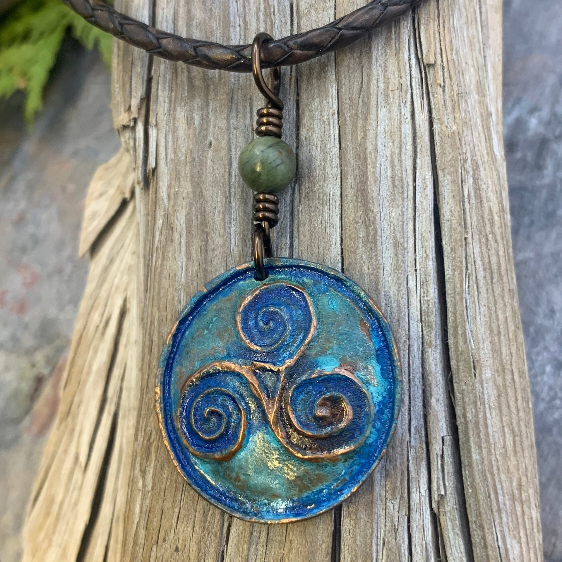 Triskele Pendant, Triskelion, Triple Spiral, Copper Patina, Irish Celtic Jewelry, Connemara Marble, Pagan Wicca, Triple Goddess Charm