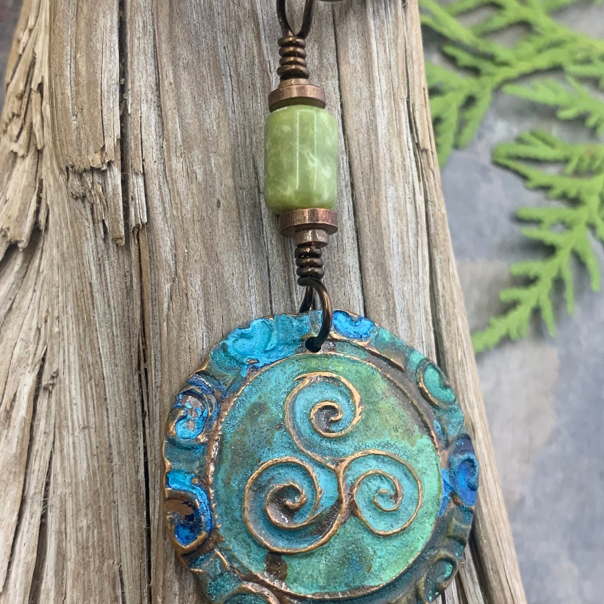 Triskele Copper Pendant, Triskelion, Connemara Marble, Triple Spiral, Irish Celtic Jewelry, Verdigris Patina, Blue Green Copper, Pagan Witch