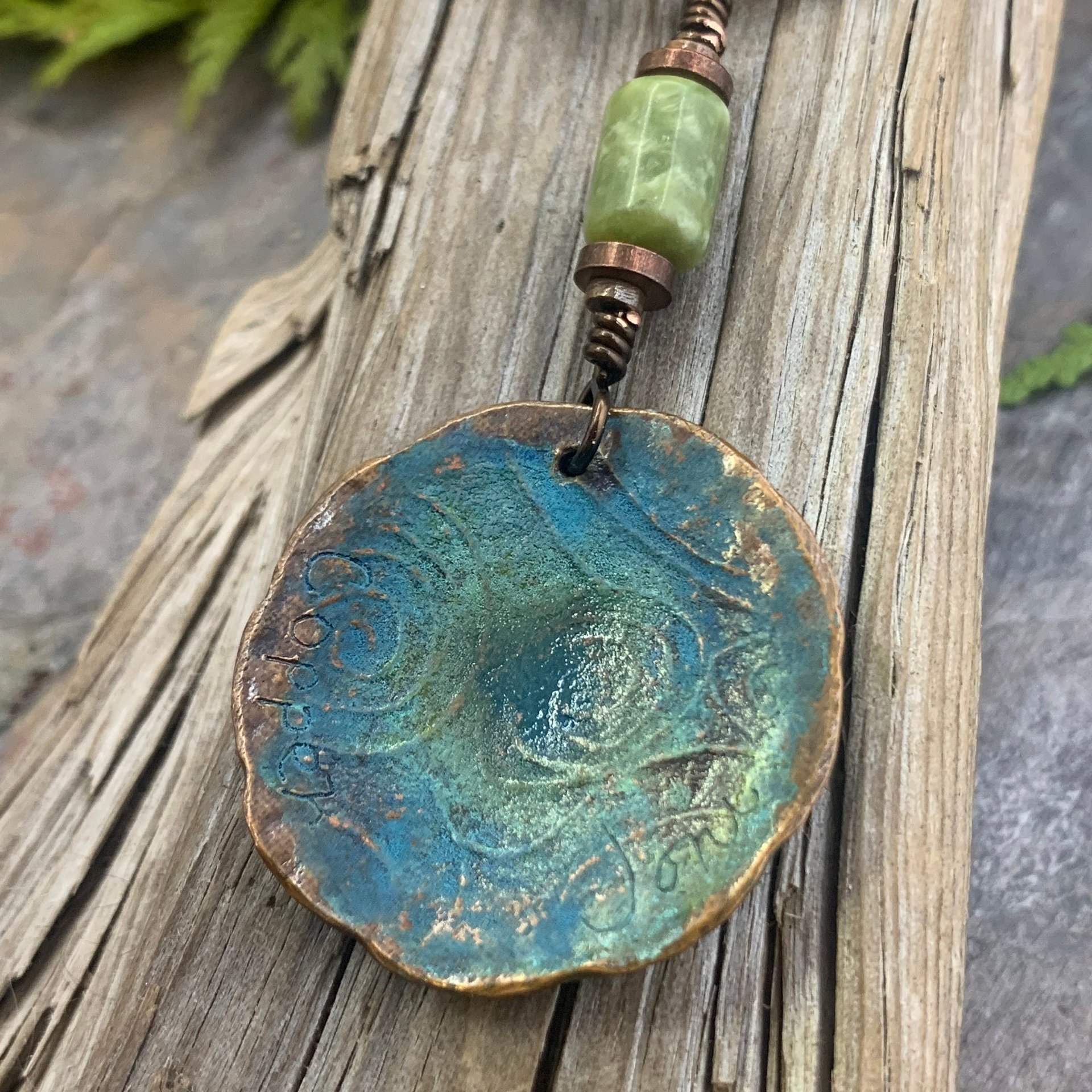 Triskele Copper Pendant, Triskelion, Connemara Marble, Triple Spiral, Irish Celtic Jewelry, Verdigris Patina, Blue Green Copper, Pagan Witch