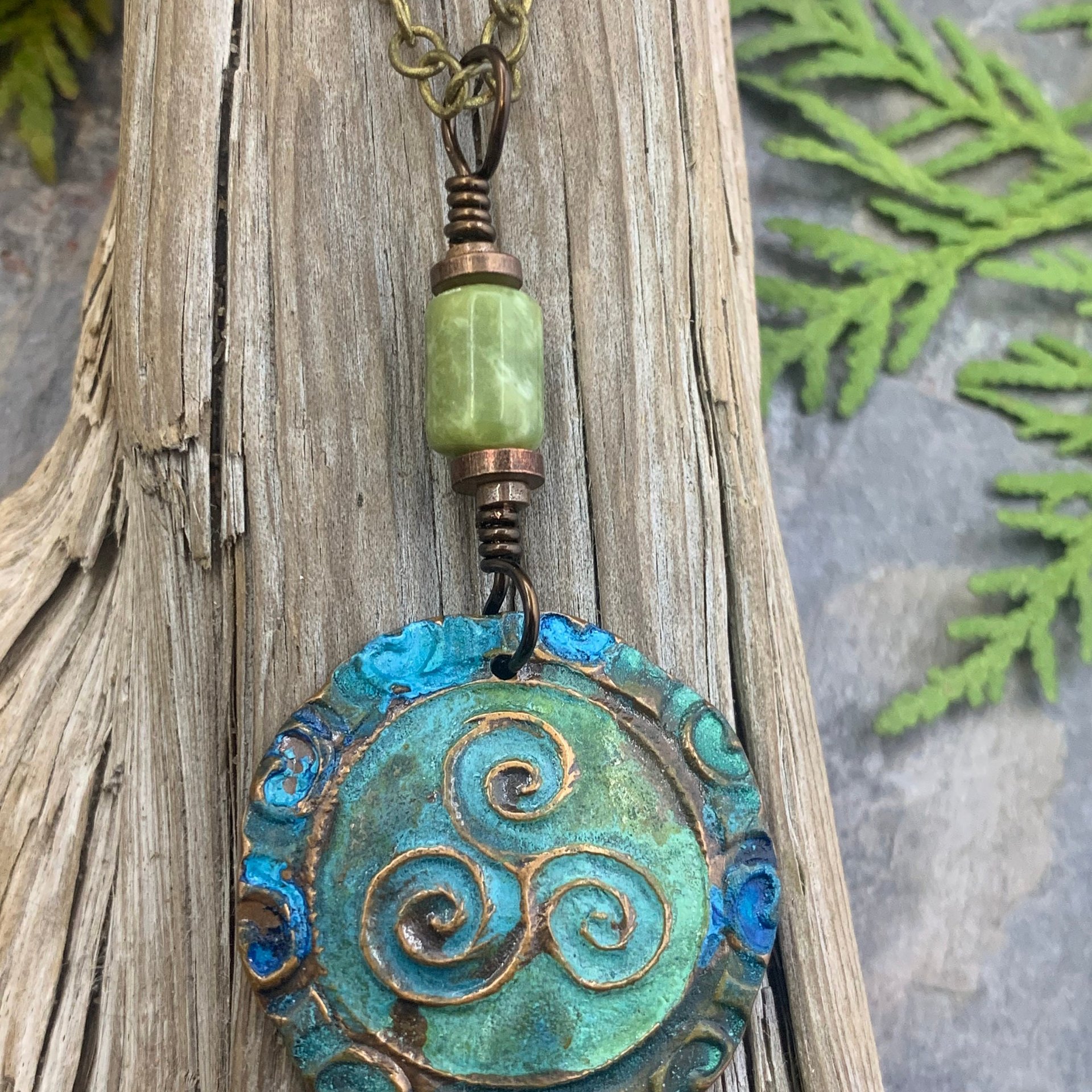 Triskele Copper Pendant, Triskelion, Connemara Marble, Triple Spiral, Irish Celtic Jewelry, Verdigris Patina, Blue Green Copper, Pagan Witch