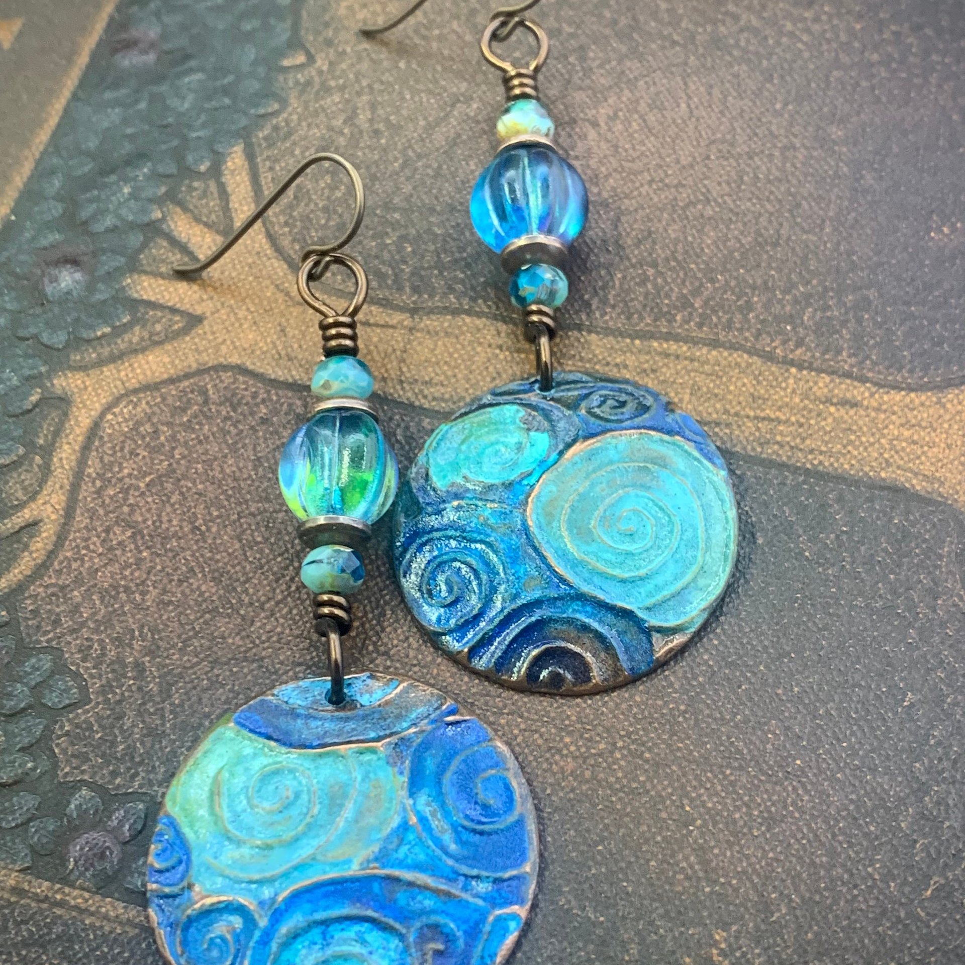 Copper Spiral Earrings, Verdigris Patina, Disc Earrings, Copper and Turquoise, Czech Glass Beads, Wire Wrapped, Irish Celtic Jewelry, Pagan