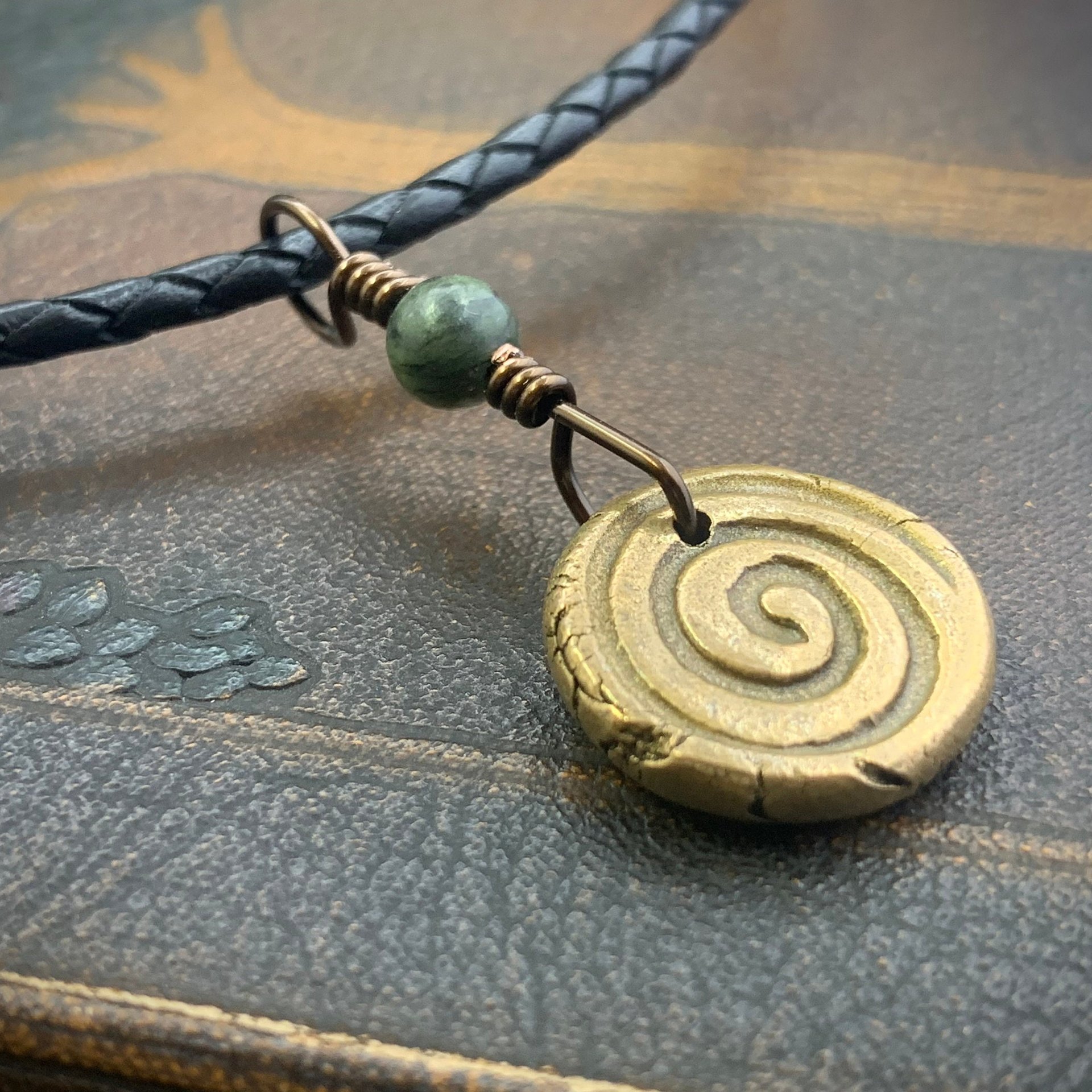 Triskele Bronze Necklace, Connemara Marble, Wax Seal Charm, Irish Celtic Symbols, Triple Spiral, Triskelion, Pagan Jewelry, 8th Anniversary