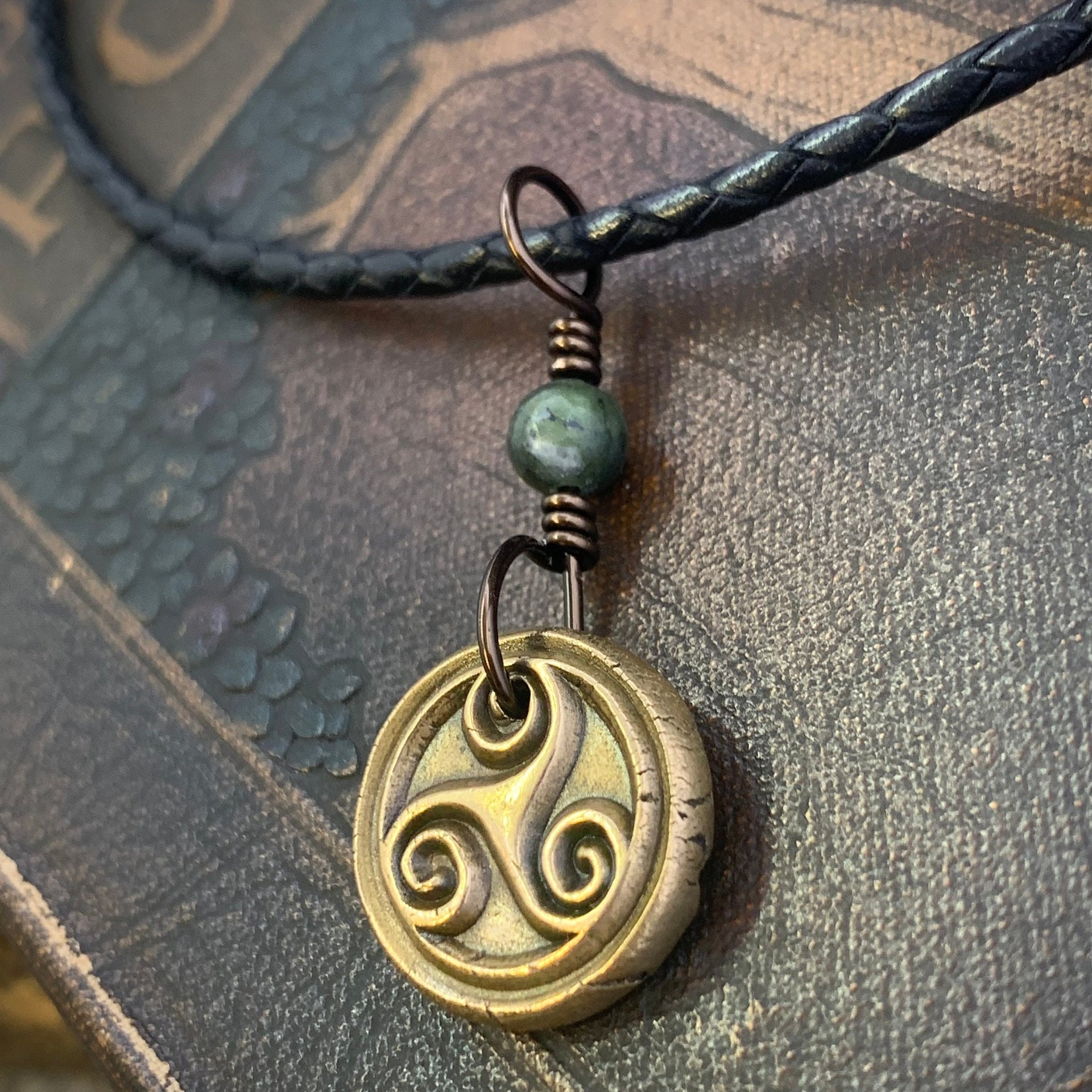 Triskele Bronze Necklace, Connemara Marble, Wax Seal Charm, Irish Celtic Symbols, Triple Spiral, Triskelion, Pagan Jewelry, 8th Anniversary