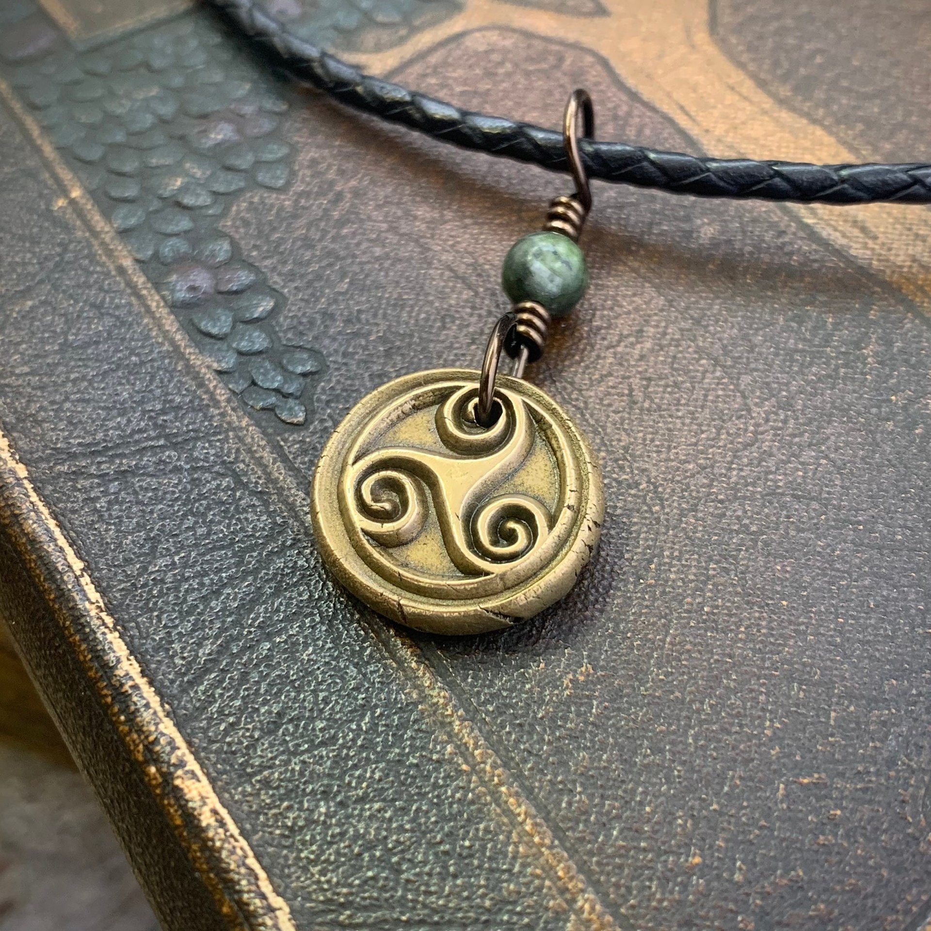 Triskele Bronze Necklace, Connemara Marble, Wax Seal Charm, Irish Celtic Symbols, Triple Spiral, Triskelion, Pagan Jewelry, 8th Anniversary