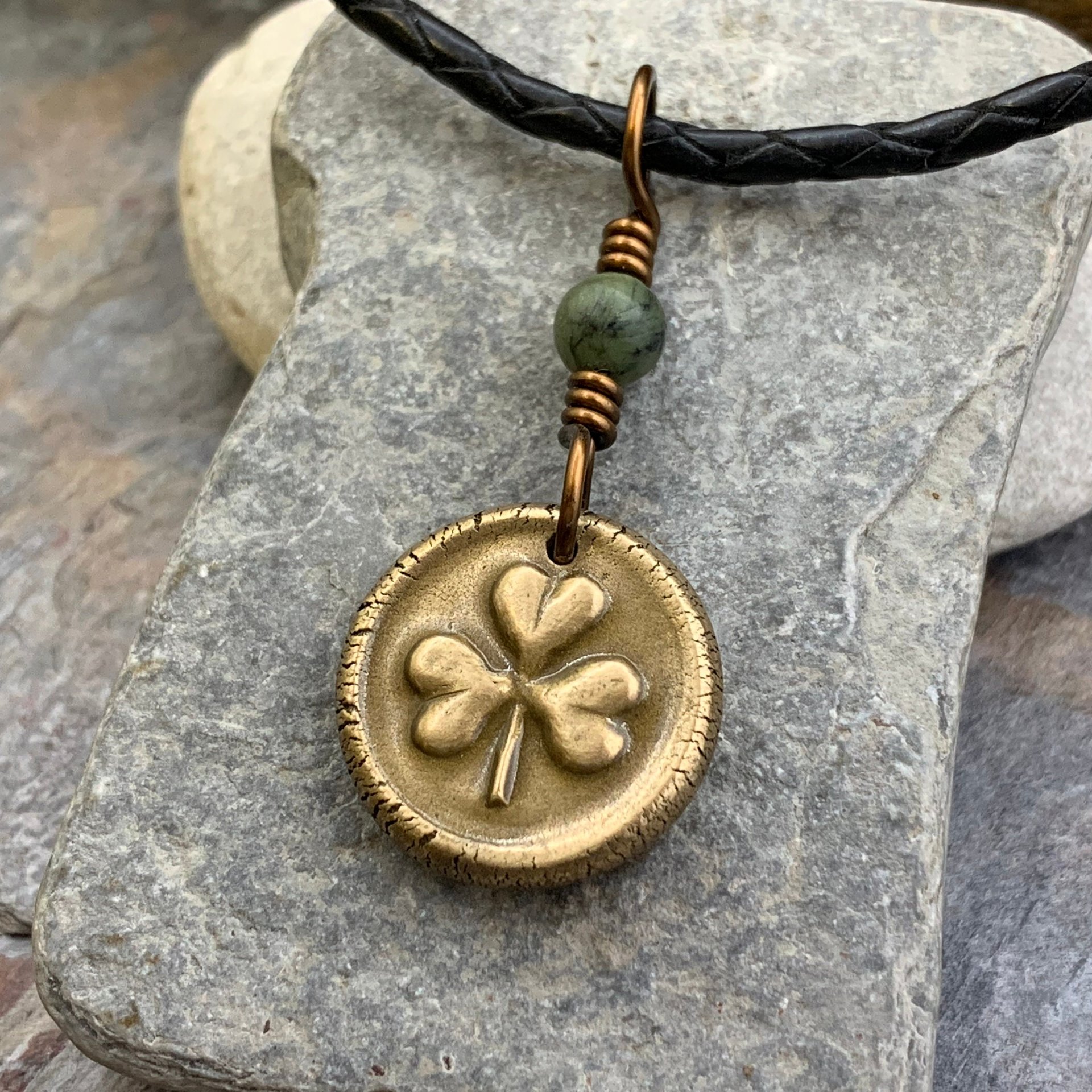 Shamrock Clover Charm, Bronze Wax Seal Charm, Connemara Marble, Irish Celtic, Trinity, Eco Recycled Metal, Leather & Vegan Cords, Handmade