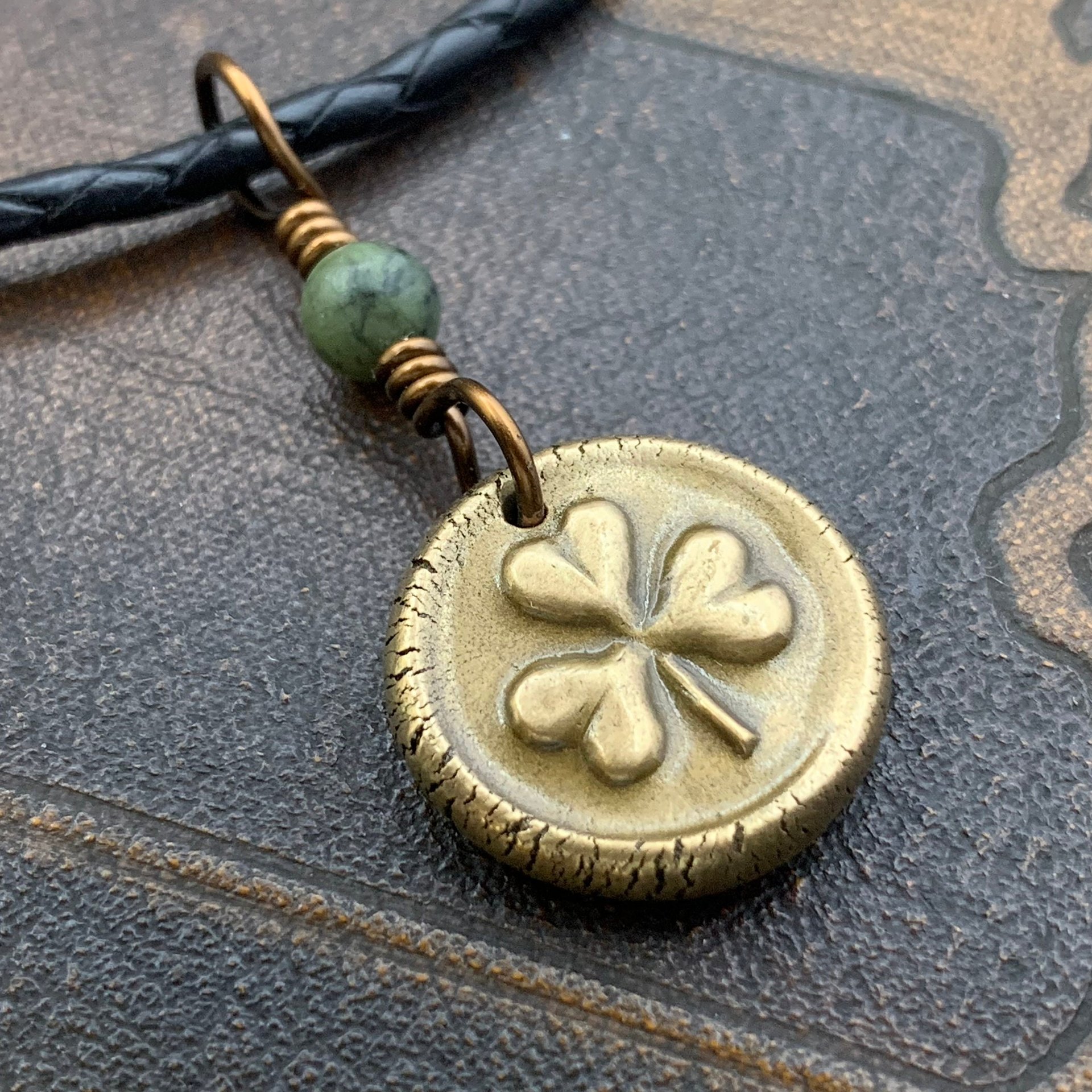 Shamrock Clover Charm, Bronze Wax Seal Charm, Connemara Marble, Irish Celtic, Trinity, Eco Recycled Metal, Leather & Vegan Cords, Handmade