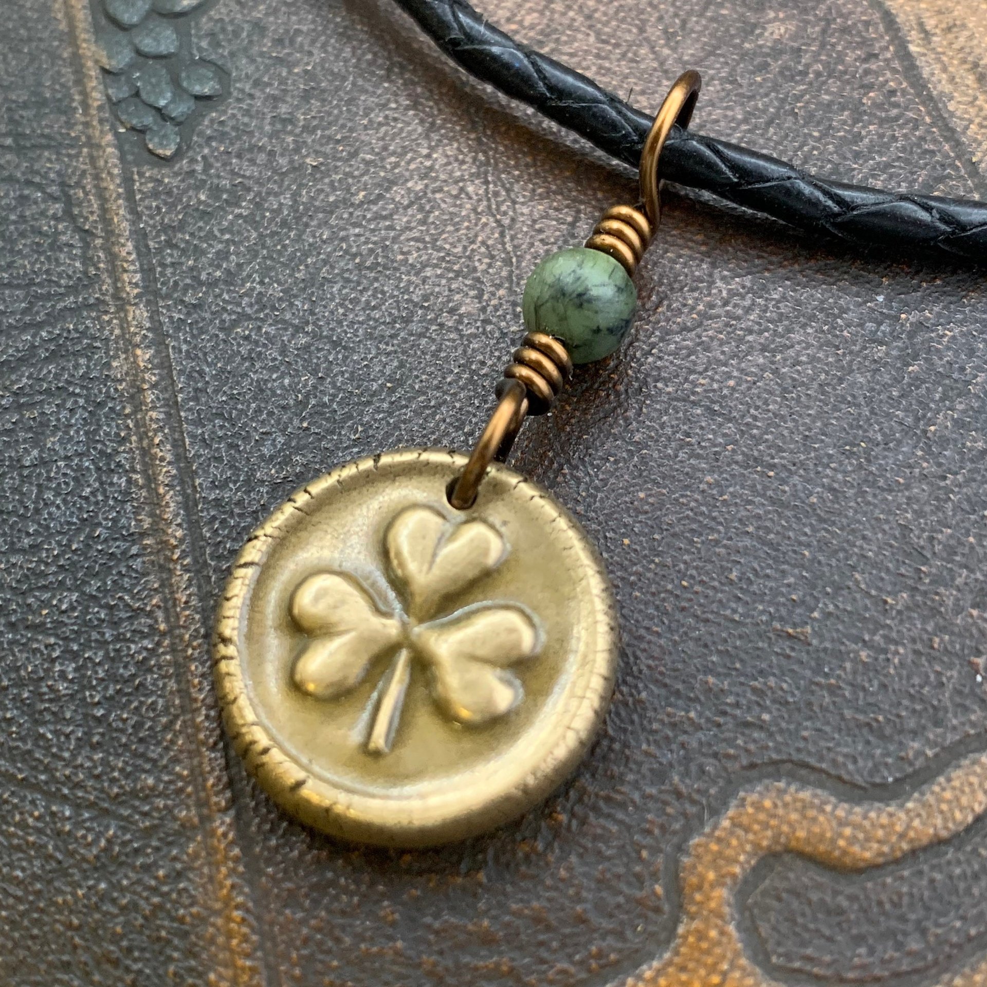 Shamrock Clover Charm, Bronze Wax Seal Charm, Connemara Marble, Irish Celtic, Trinity, Eco Recycled Metal, Leather & Vegan Cords, Handmade