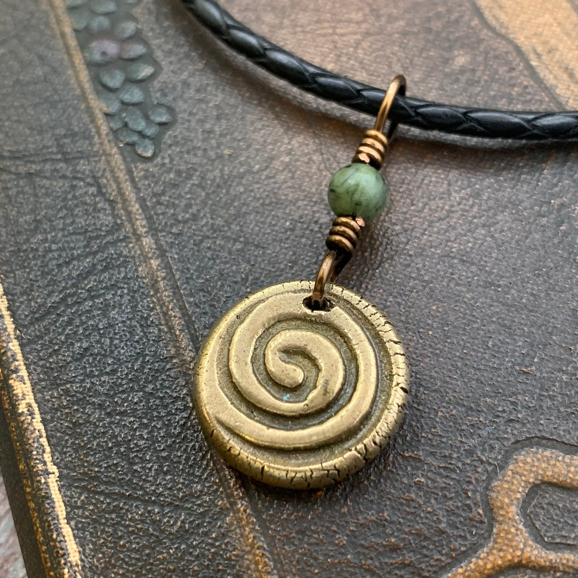 Shamrock Clover Charm, Bronze Wax Seal Charm, Connemara Marble, Irish Celtic, Trinity, Eco Recycled Metal, Leather & Vegan Cords, Handmade