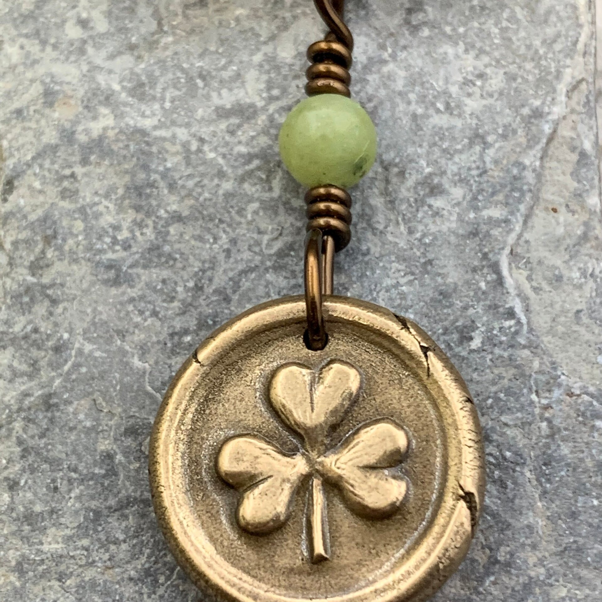 Shamrock Clover Charm, Bronze Wax Seal Charm, Connemara Marble, Irish Celtic, Trinity, Eco Recycled Metal, Leather & Vegan Cords, Handmade