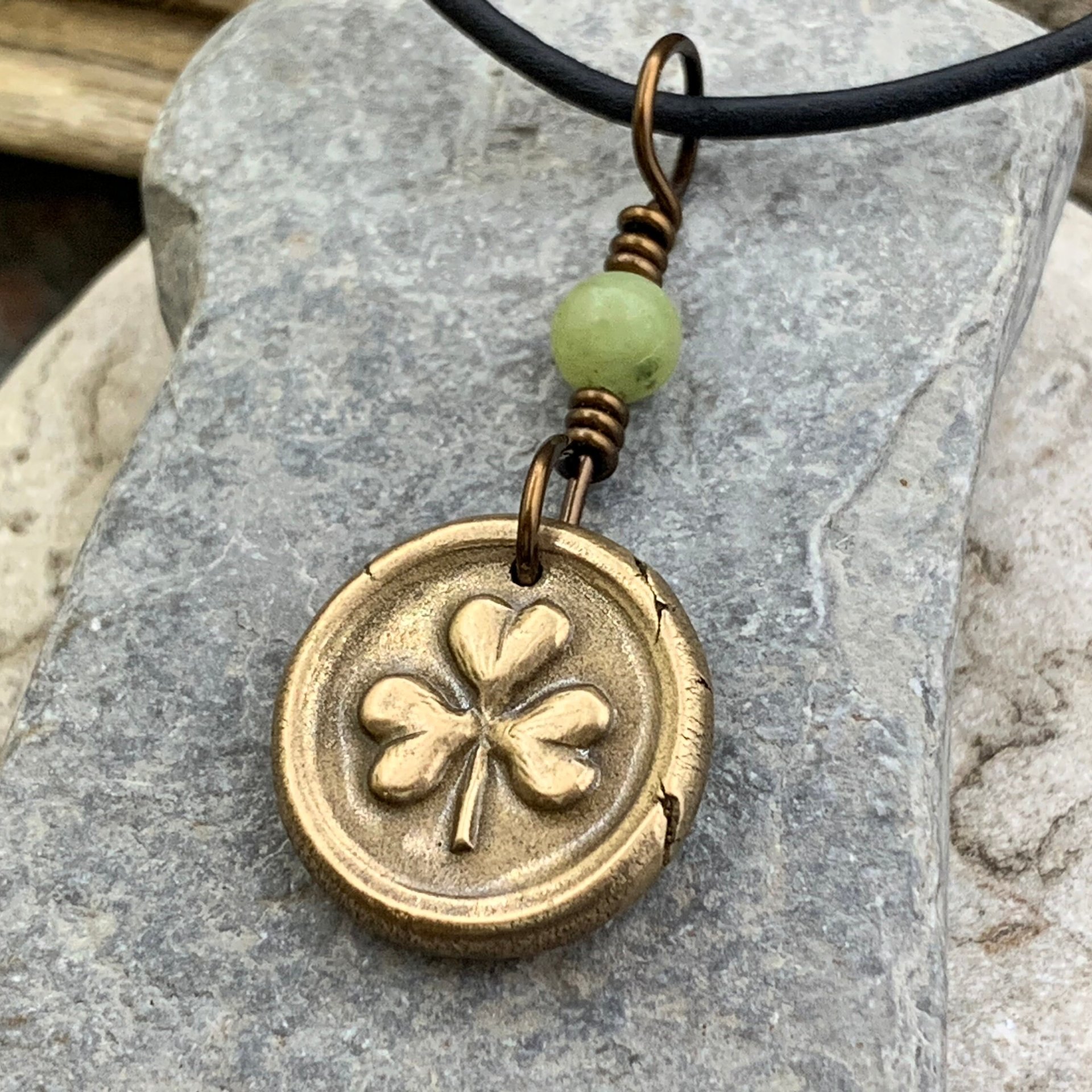Shamrock Clover Charm, Bronze Wax Seal Charm, Connemara Marble, Irish Celtic, Trinity, Eco Recycled Metal, Leather & Vegan Cords, Handmade
