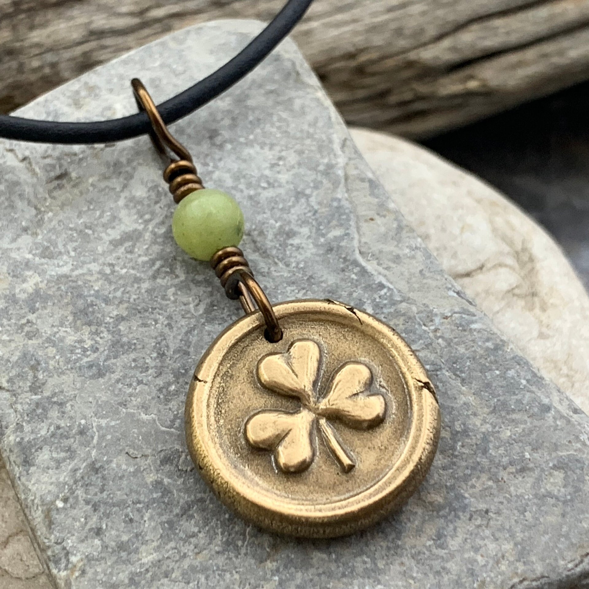 Shamrock Clover Charm, Bronze Wax Seal Charm, Connemara Marble, Irish Celtic, Trinity, Eco Recycled Metal, Leather & Vegan Cords, Handmade