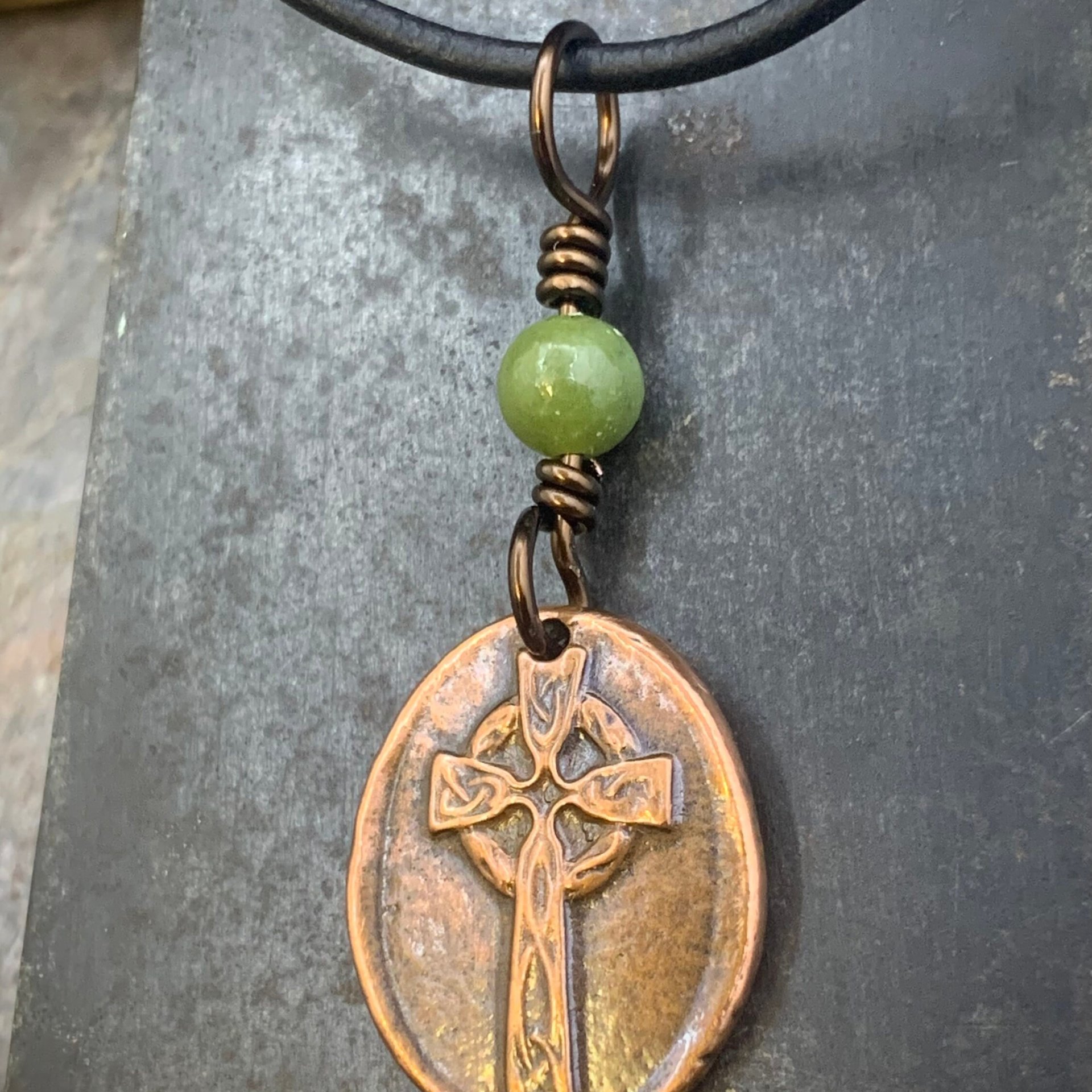 Copper Celtic Cross, Wax Seal Charm, Connemara Marble, Irish Celtic, Copper Cross Necklace, Leather & Vegan Cords, Handmade Art Jewelry